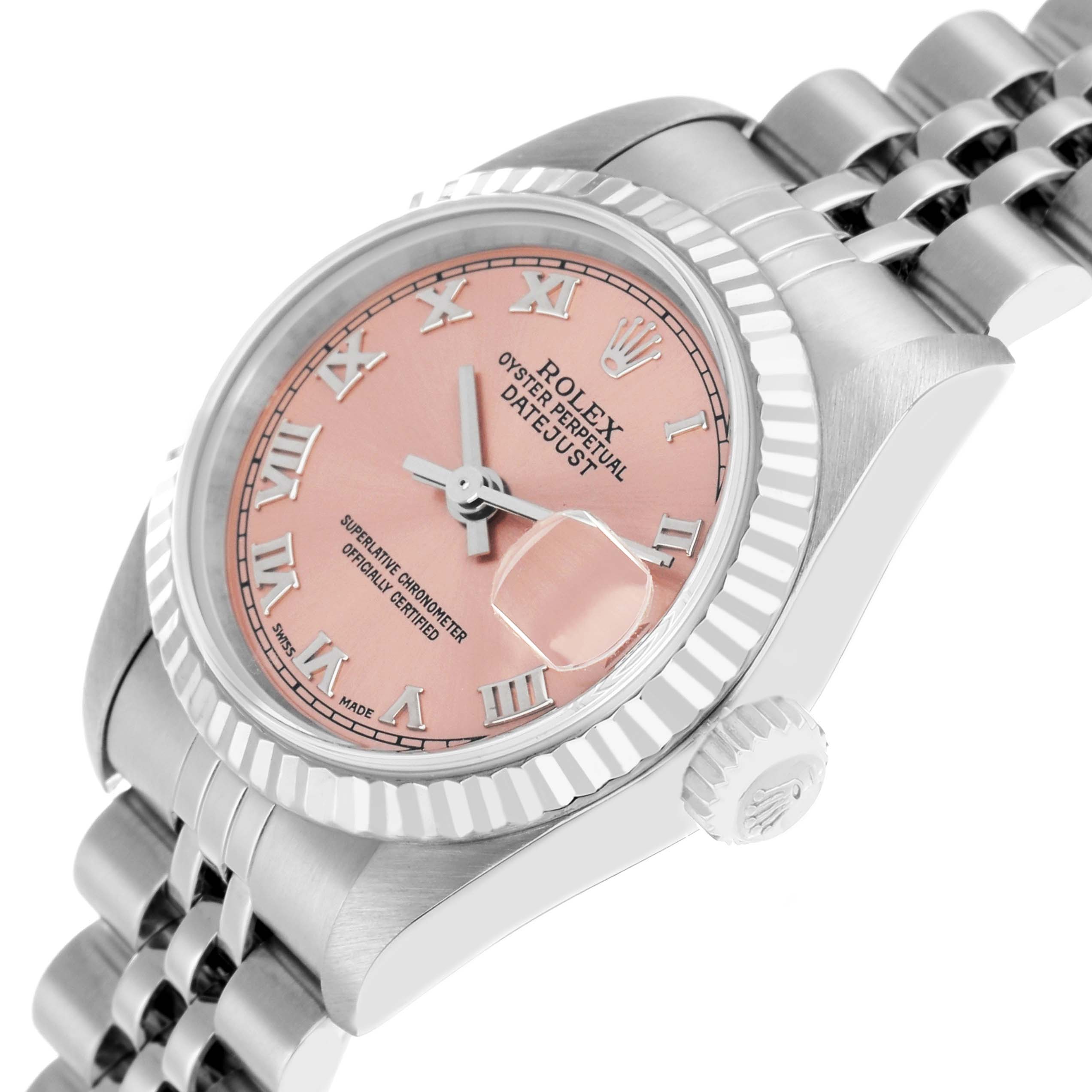 The Rolex Datejust 79174 Women
s Stainless Steel Pink Dial watch is shown at an angle displaying the face, bezel, crown, and part of the bracelet.