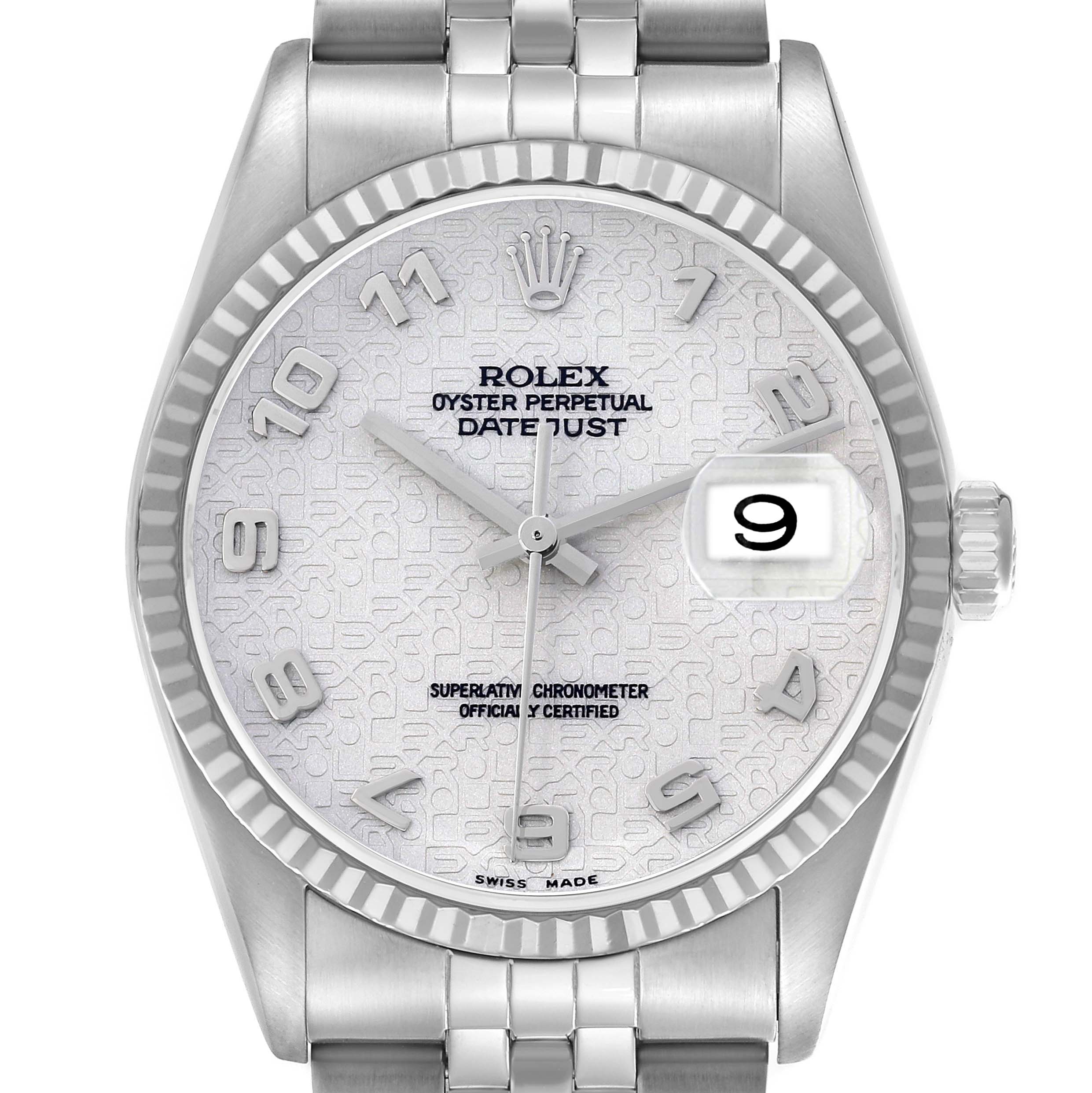The Rolex Datejust 16234 Men
s Stainless Steel Silver Dial watch is shown from the front, highlighting the face, bezel, and part of the bracelet.