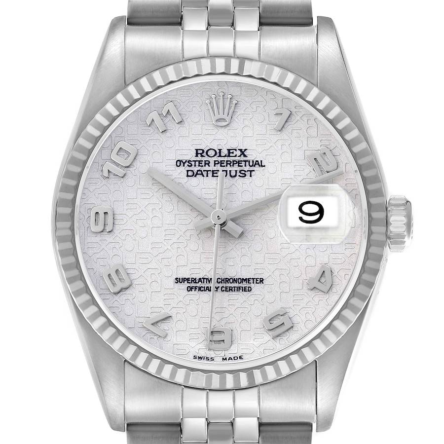 The Rolex Datejust 16234 Men's Stainless Steel Silver Dial watch is shown from the front, highlighting the face, bezel, and part of the bracelet.
