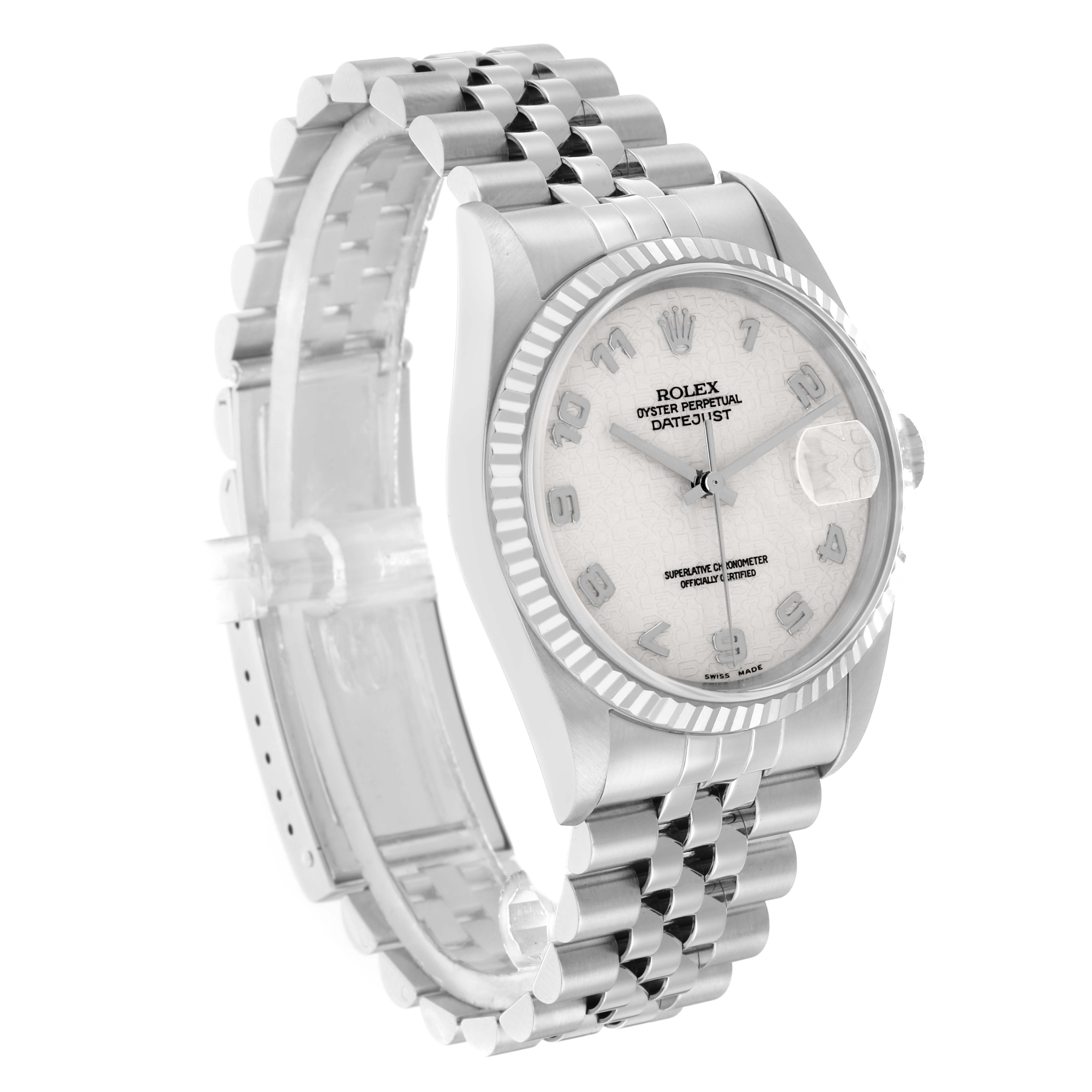 The Rolex Datejust 16234 Men
s Stainless Steel Silver Dial watch is shown from a 3/4 angle, highlighting its face, bracelet, and crown.