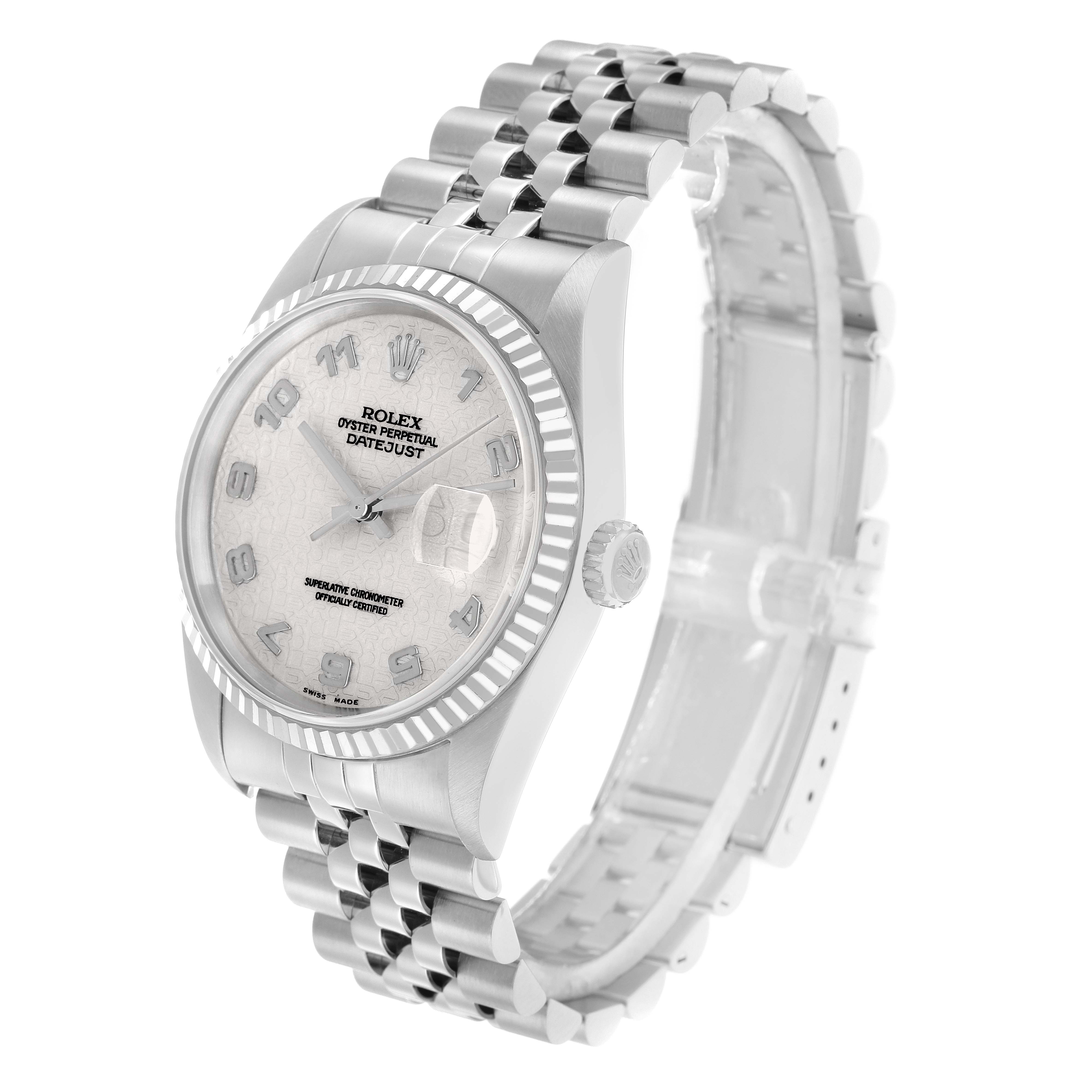 The Rolex Datejust 16234 Men
s Stainless Steel Silver Dial watch is shown at a three-quarter angle, highlighting the face, bezel, crown, and bracelet.