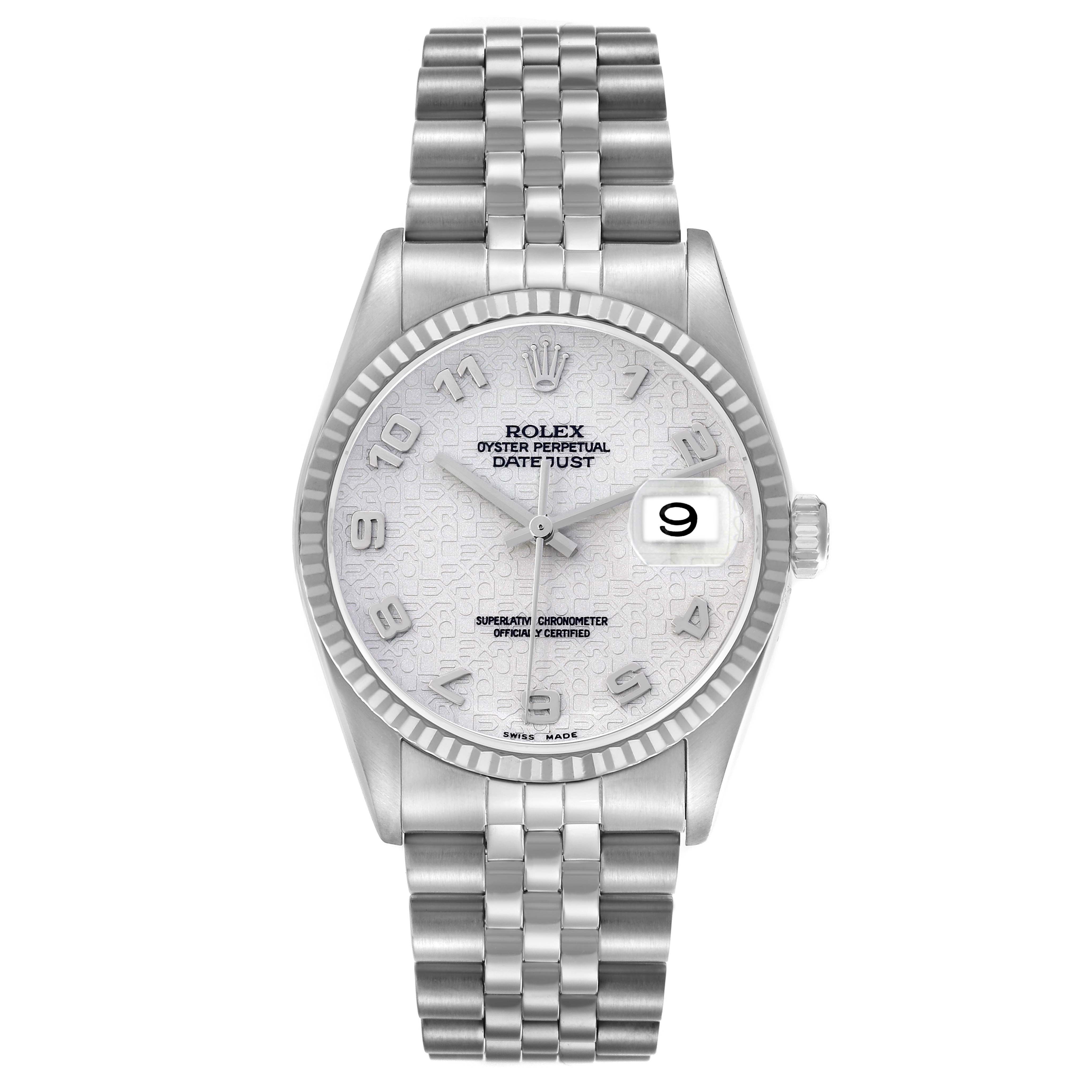 The Rolex Datejust 16234 Men
s Stainless Steel Silver Dial watch is shown from the front, highlighting the dial, bracelet, bezel, and date window.