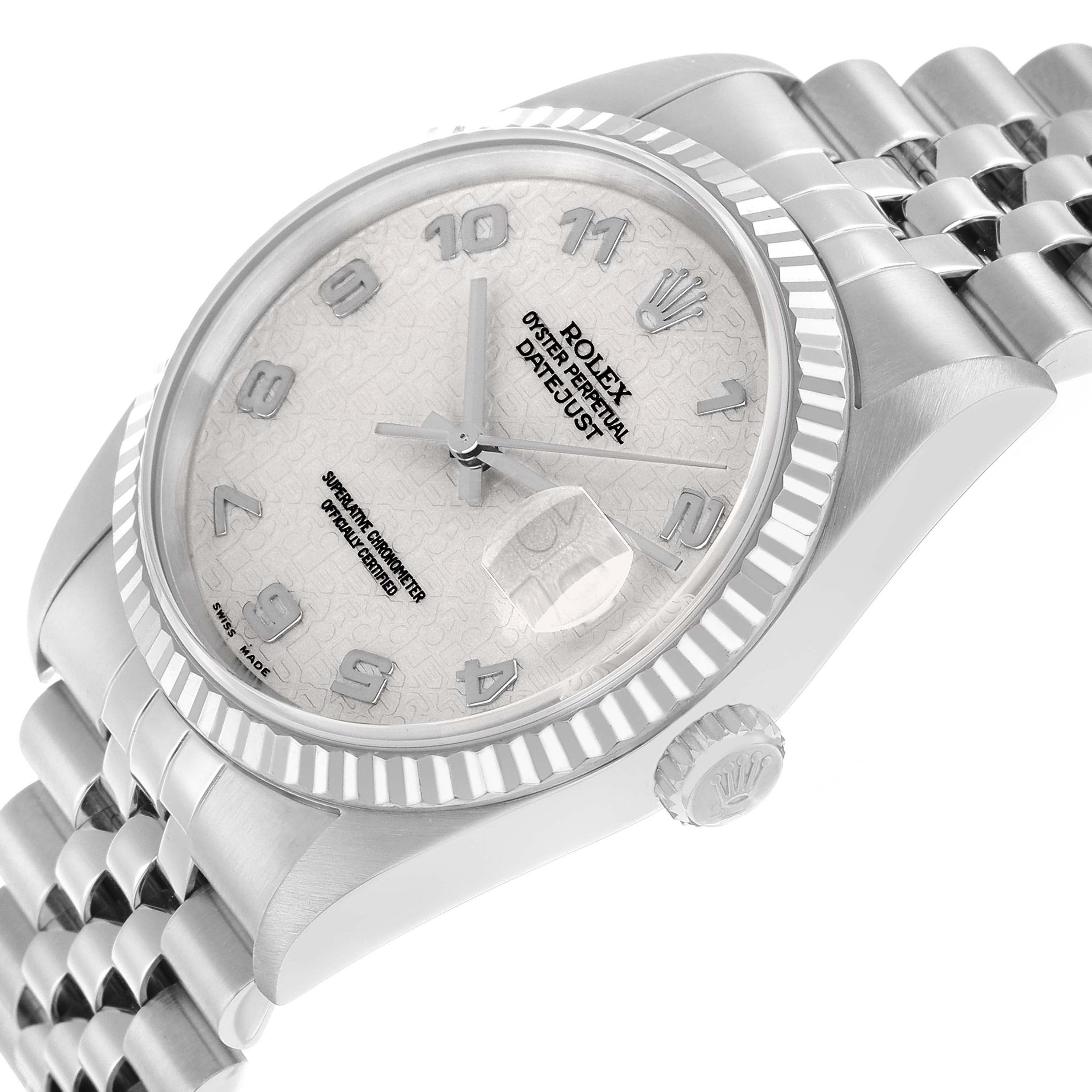 The Rolex Datejust 16234 Men
s Stainless Steel Silver Dial watch is shown at an angle highlighting its face, bezel, crown, and bracelet.