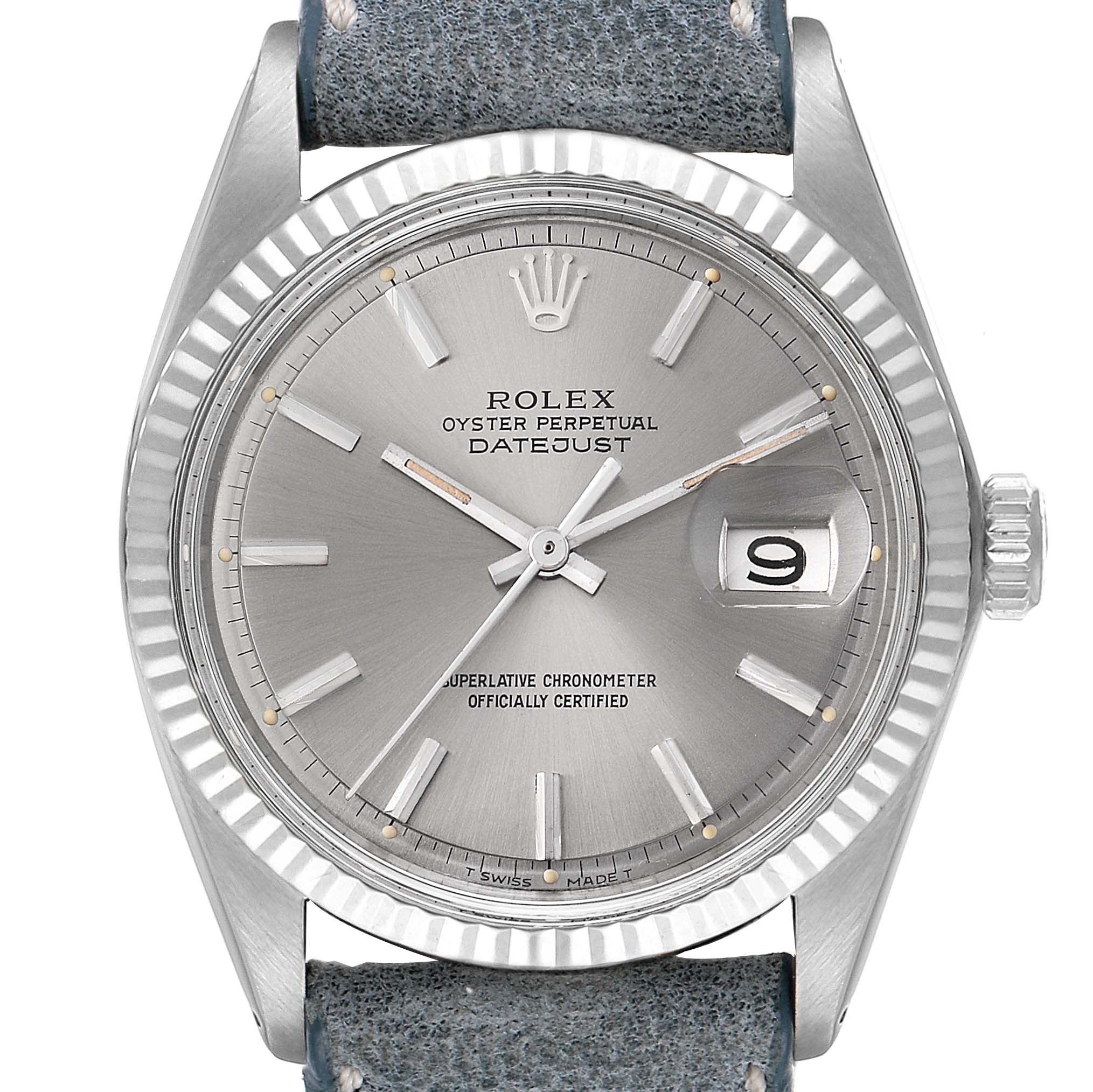 The image shows a front view of the Rolex Vintage Collection 1601 Men's Stainless Steel Grey Dial 1601 Men's Stainless Steel Grey Dial Oyster Perpetual Datejust watch, displaying the dial, hands, crown, and bezel.