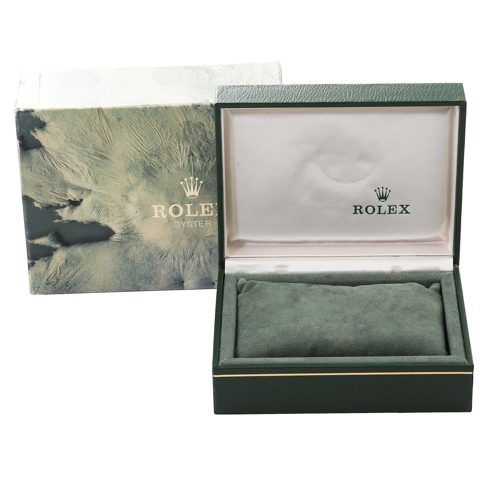 The image shows the open box and outer packaging for a Rolex Vintage Collection 16014 Men
s Stainless Steel Silver Dial 16014 Men
s Stainless Steel Silver Dial watch, viewed from the front.
