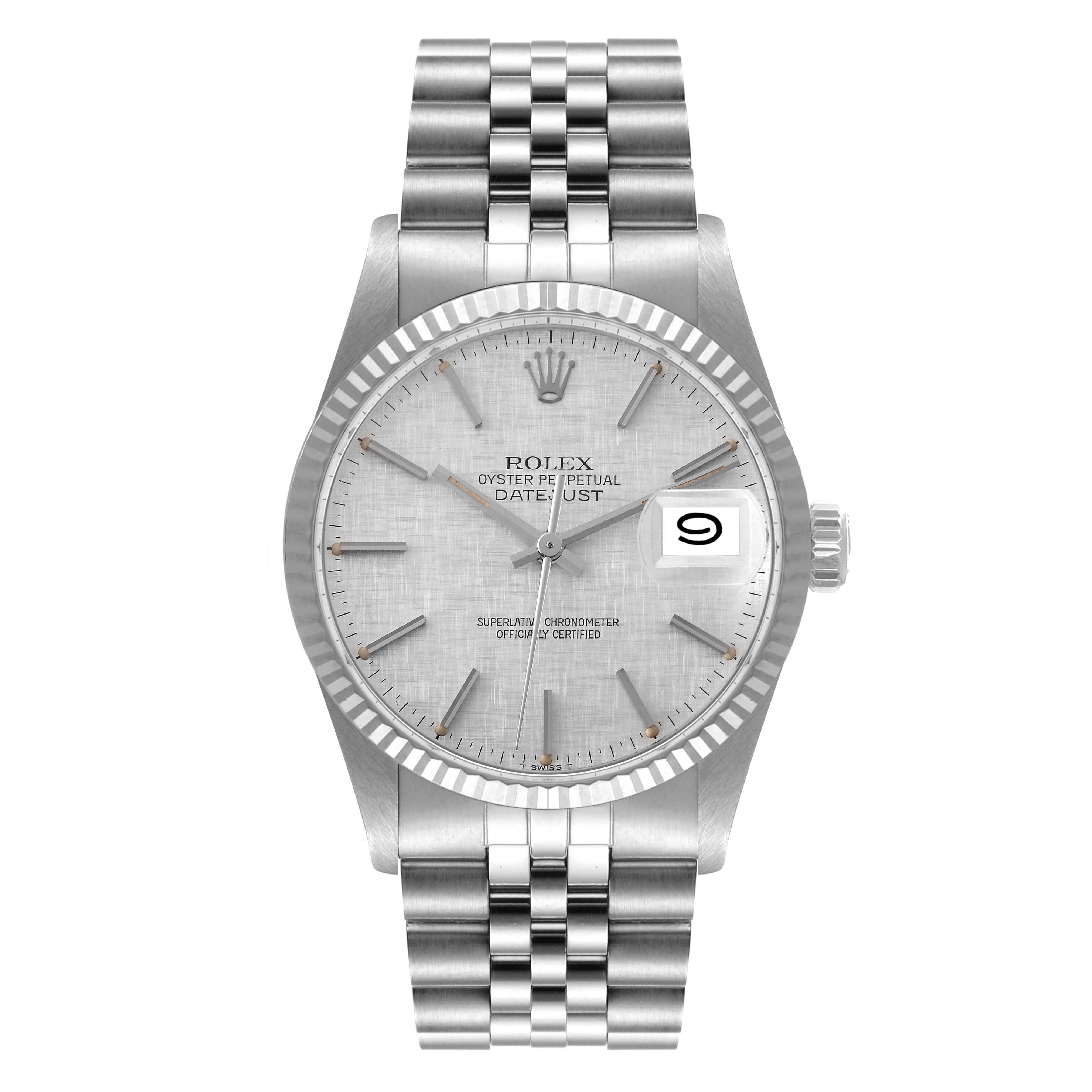 The Rolex Vintage Collection 16014 Men
s Stainless Steel Silver Dial 16014 Men
s Stainless Steel Silver Dial Oyster Perpetual DateJust watch is shown from the front, highlighting its face, hour markers, and bracelet.