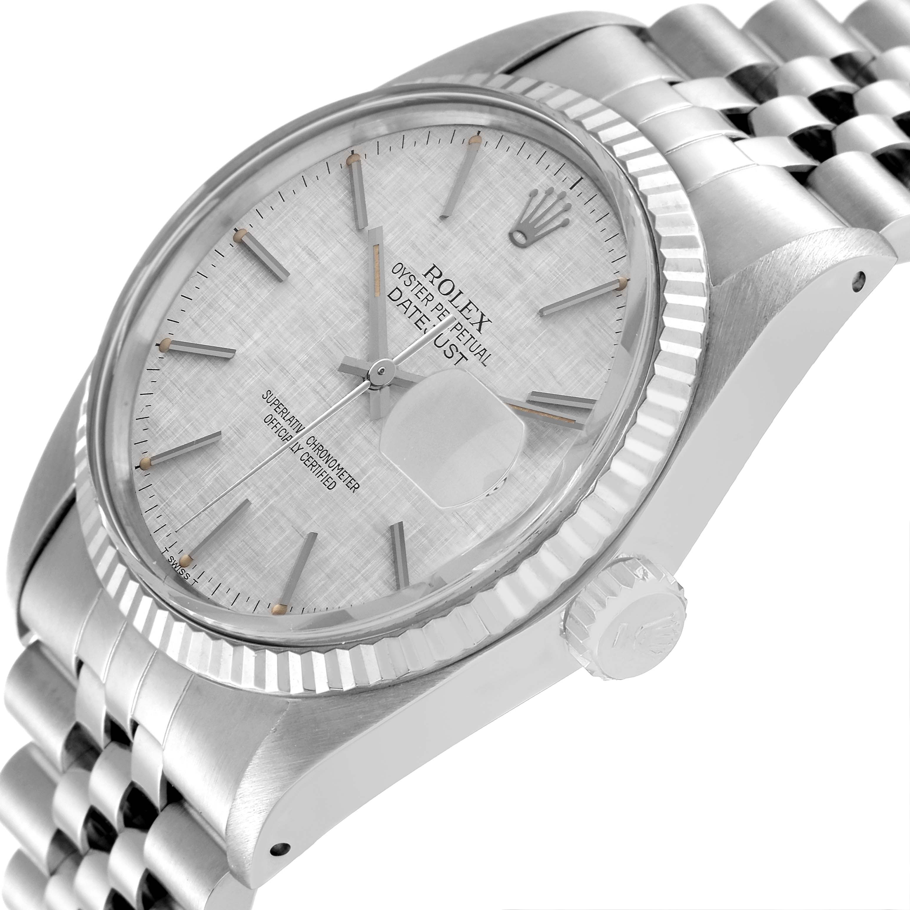 The image shows the Rolex Vintage Collection 16014 Men
s Stainless Steel Silver Dial 16014 Men
s Stainless Steel Silver Dial Datejust watch at an angled view, displaying the dial, bezel, crown, and part of the bracelet.