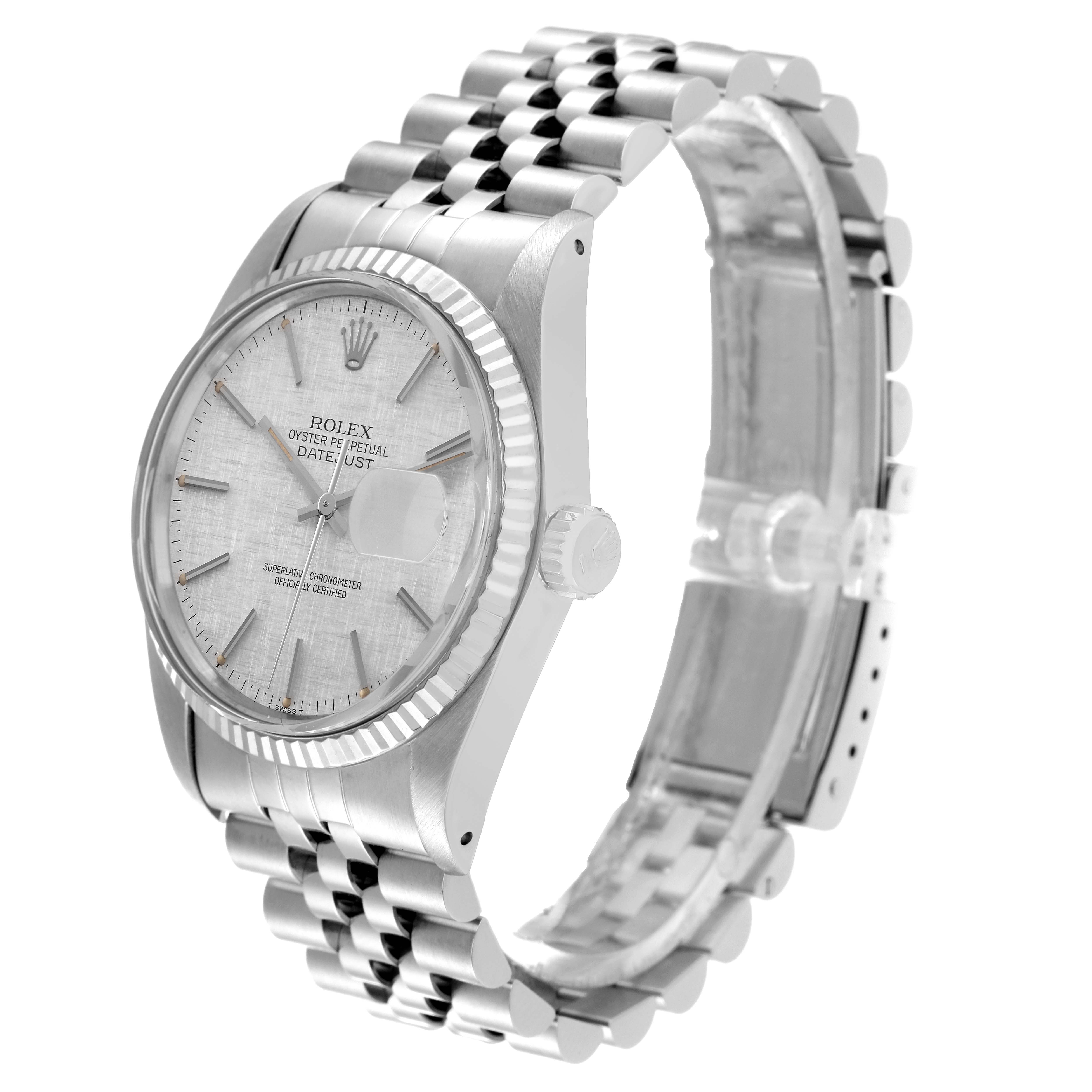 This image of the Rolex Vintage Collection 16014 Men
s Stainless Steel Silver Dial 16014 Men
s Stainless Steel Silver Dial model shows a left front angle, showcasing its face, bracelet, and crown.