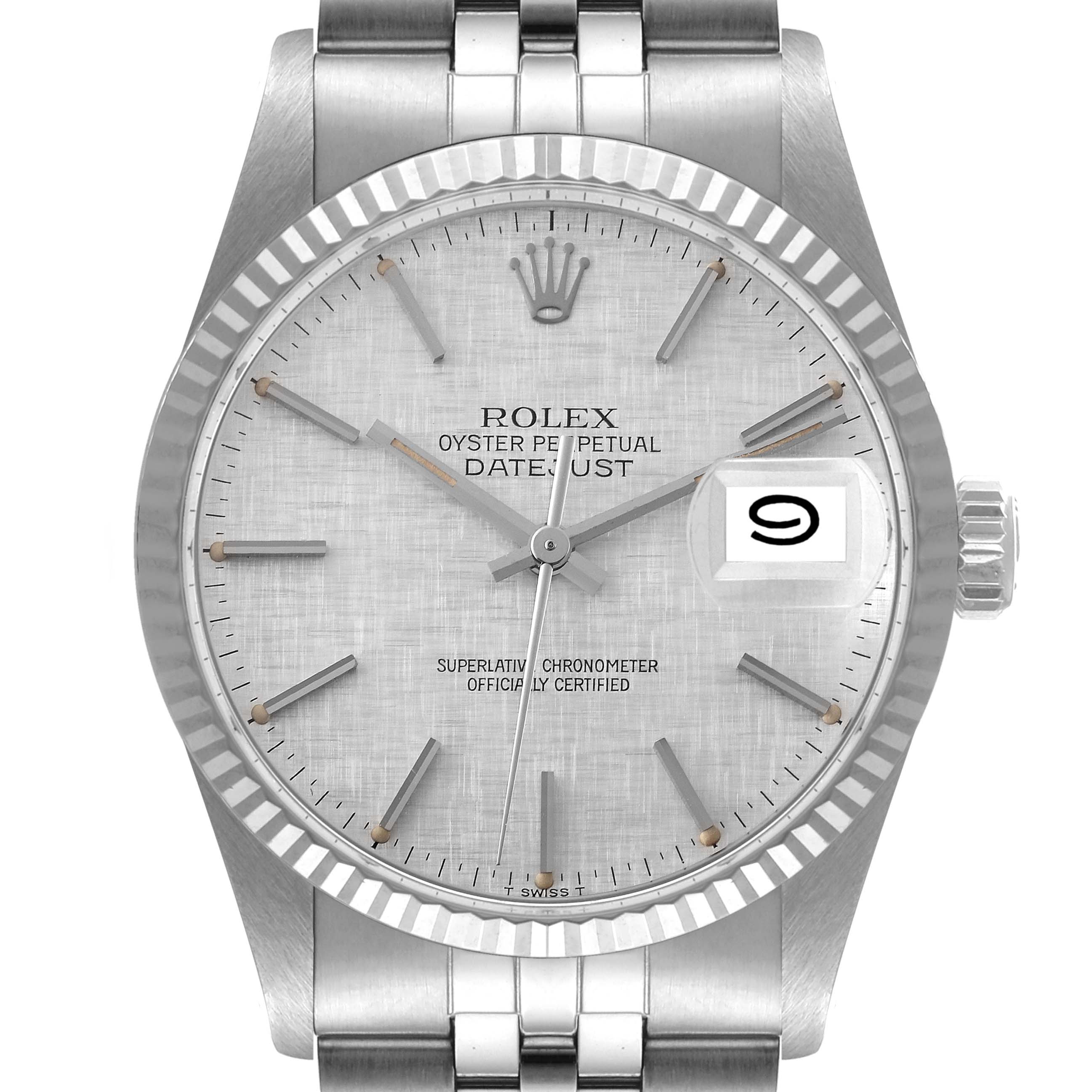 The image shows a front view of the Rolex Vintage Collection 16014 Men
s Stainless Steel Silver Dial 16014 Men
s Stainless Steel Silver Dial Oyster Perpetual Datejust watch, highlighting the dial, bezel, and bracelet.