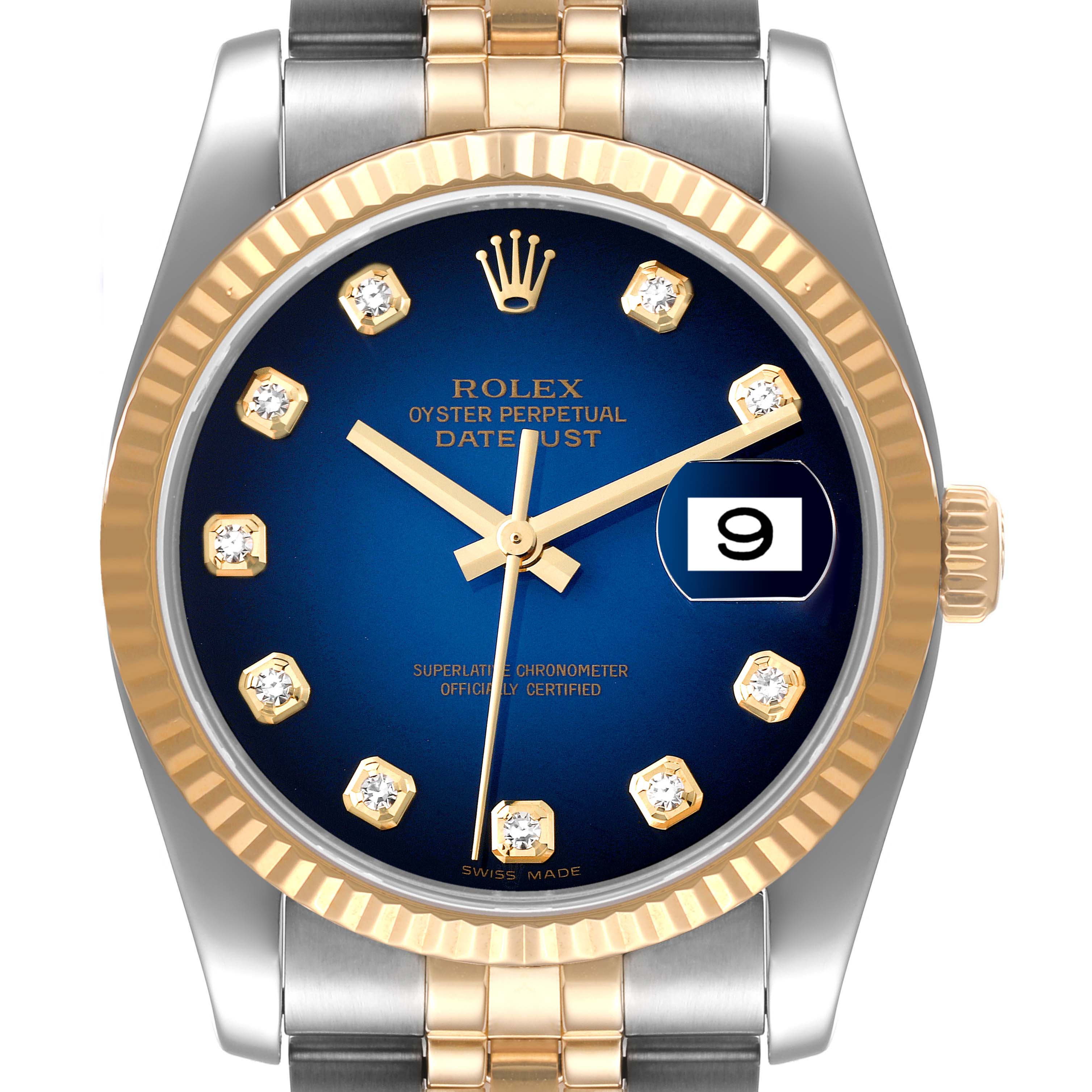 The image shows a front view of the Rolex Datejust 116233 Men's Steel and Gold (two tone) Blue Dial 116233 Men's Steel and Gold (two tone) Blue Dial watch, highlighting its two-tone case, bracelet, blue dial, and fluted bezel.