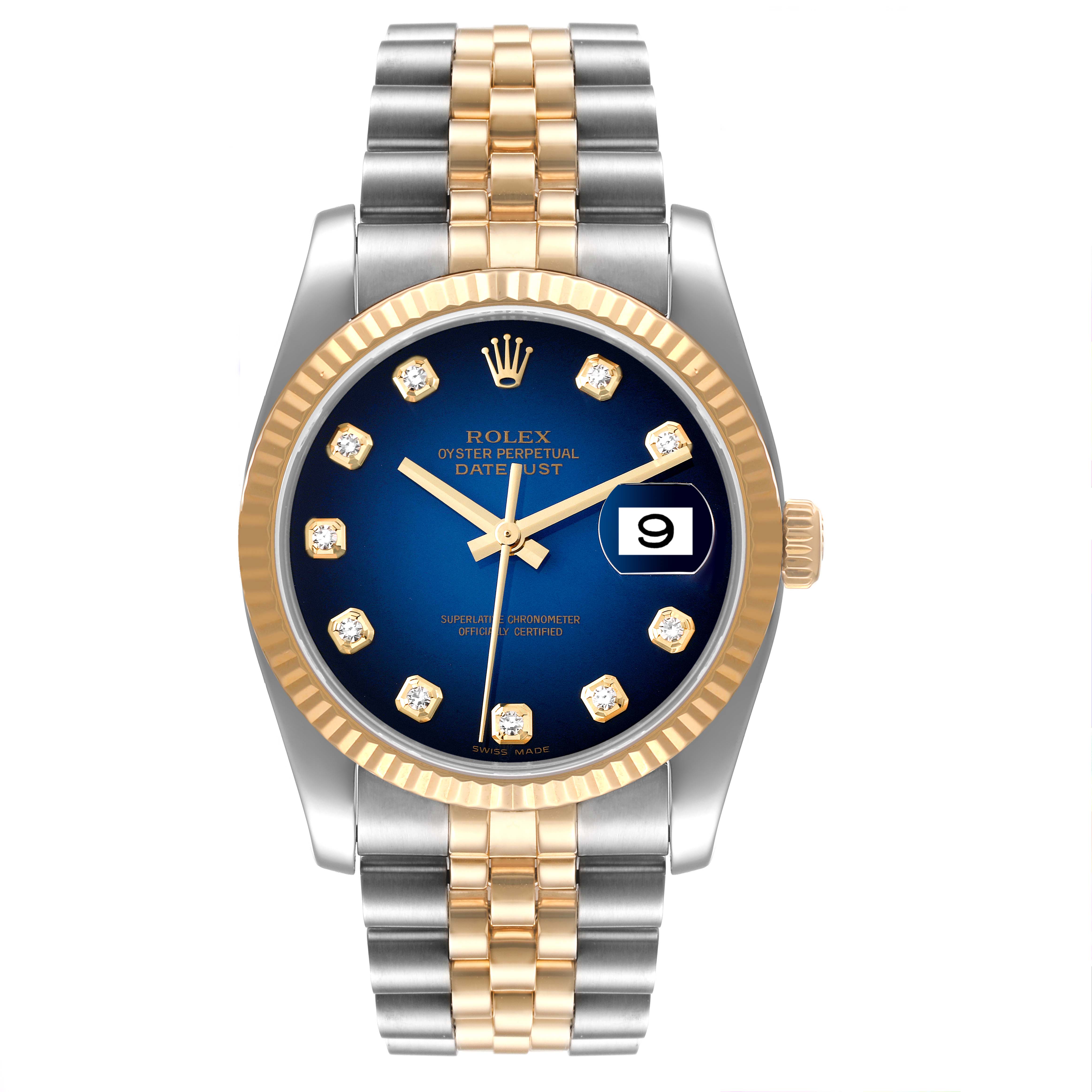 The image shows a frontal view of a Rolex Datejust 116233 Men's Steel and Gold (two tone) Blue Dial 116233 Men's Steel and Gold (two tone) Blue Dial watch, showcasing the dial, bracelet, bezel, and date window.