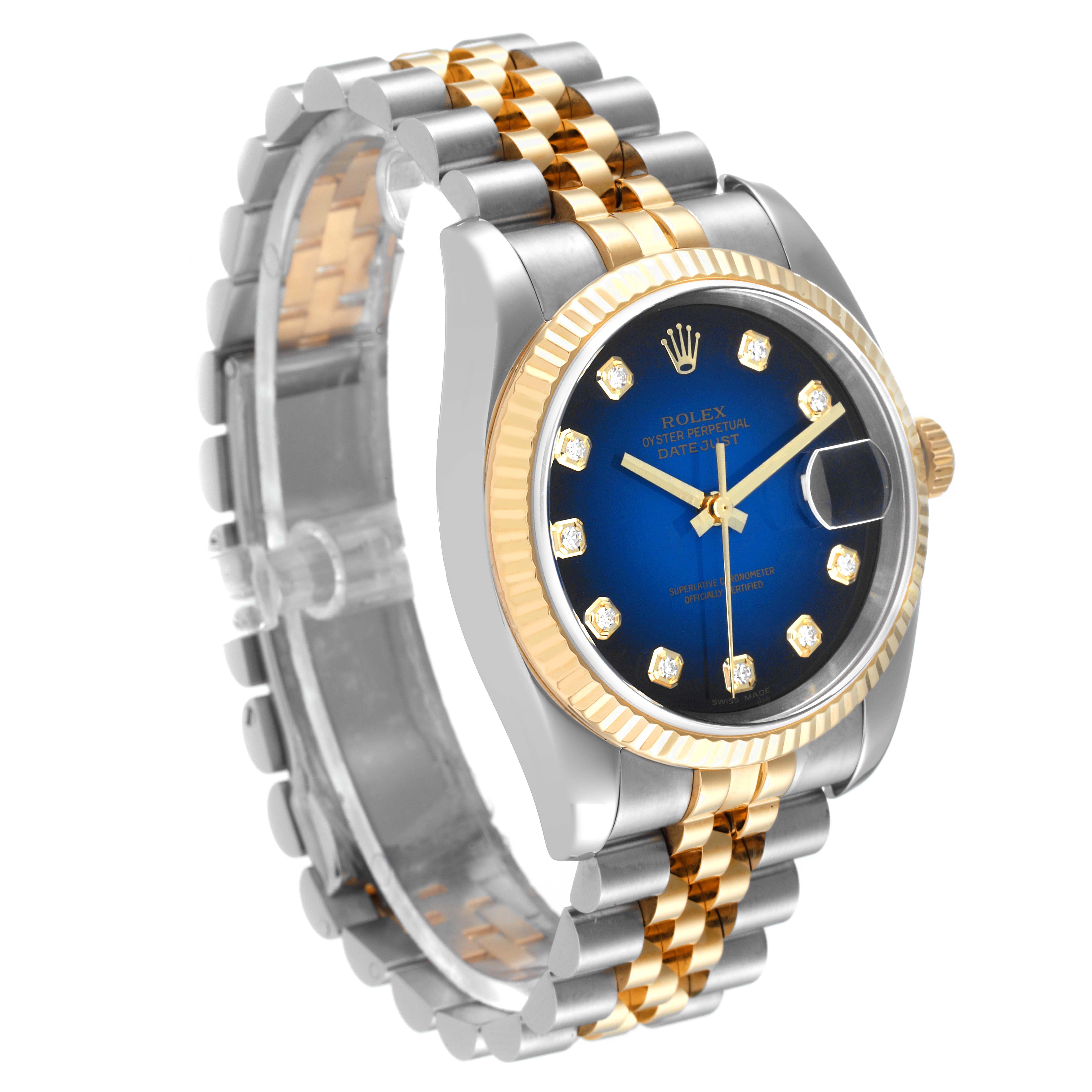 The image shows a Rolex Datejust 116233 Men's Steel and Gold (two tone) Blue Dial 116233 Men's Steel and Gold (two tone) Blue Dial watch at an angle highlighting the face, bezel, and two-tone bracelet.