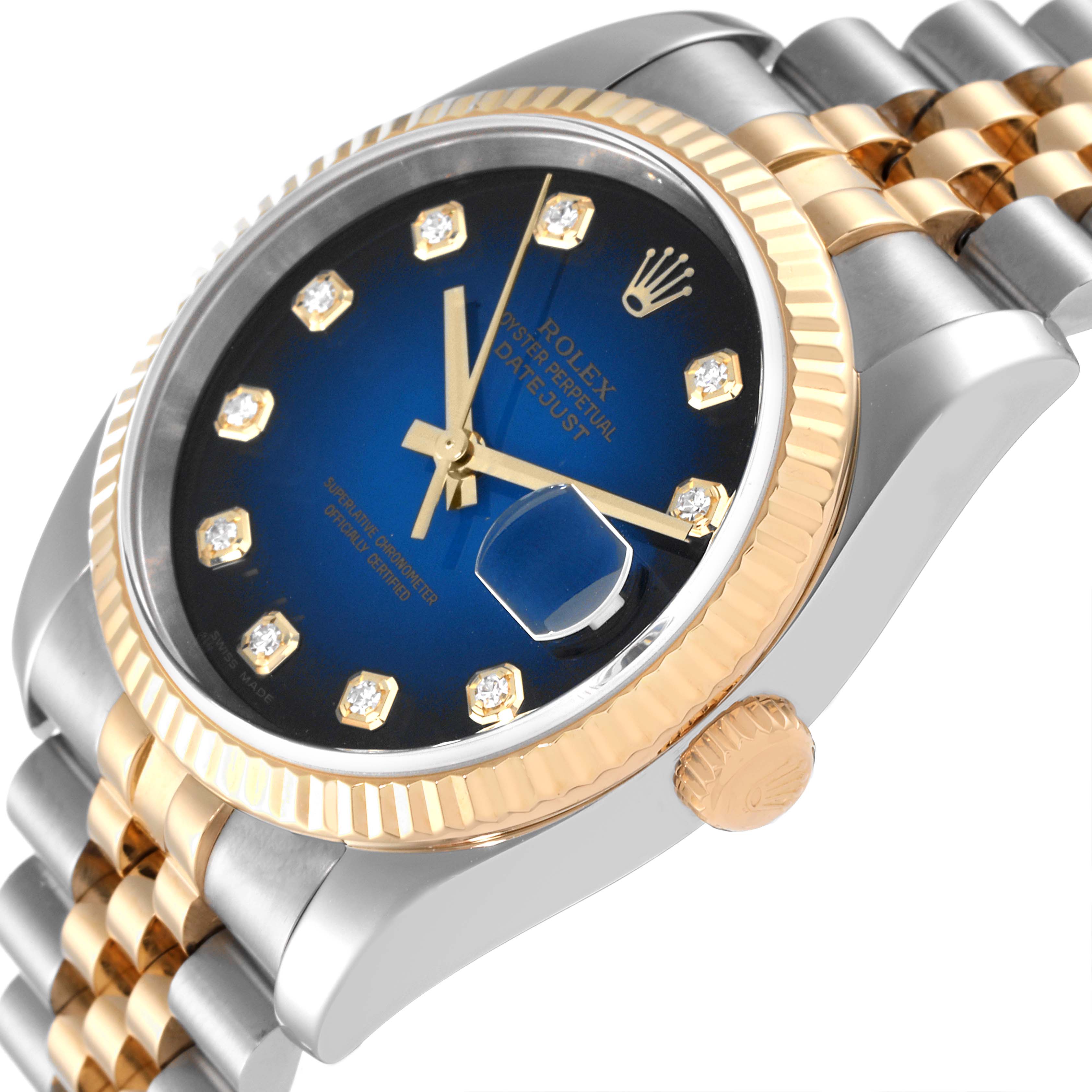 The image shows a close-up angled view of the Rolex Datejust 116233 Men's Steel and Gold (two tone) Blue Dial 116233 Men's Steel and Gold (two tone) Blue Dial watch, highlighting the dial, bezel, and part of the bracelet.