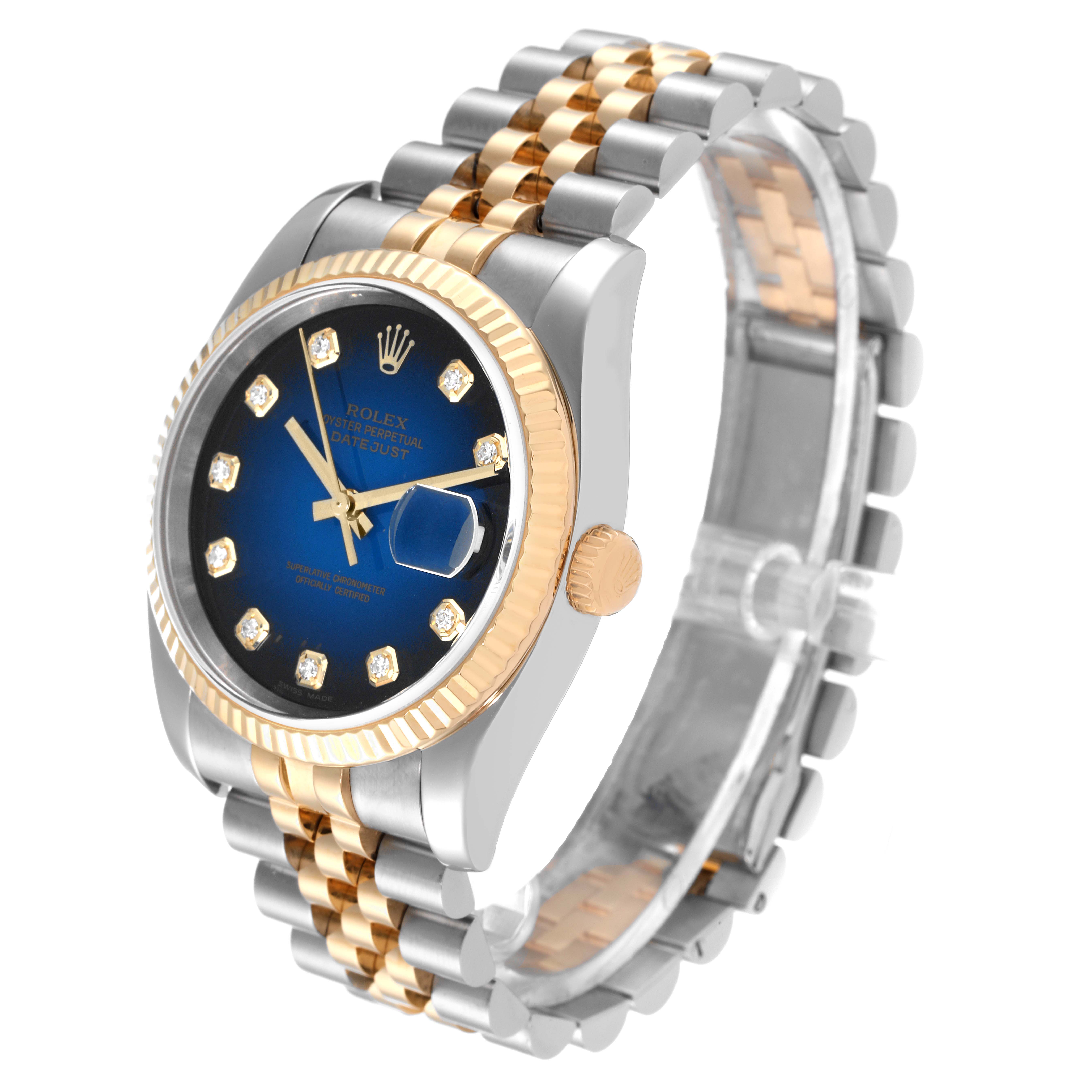 The image shows a side view of the Rolex Datejust 116233 Men's Steel and Gold (two tone) Blue Dial 116233 Men's Steel and Gold (two tone) Blue Dial watch showcasing its dial, bezel, crown, and two-tone bracelet.
