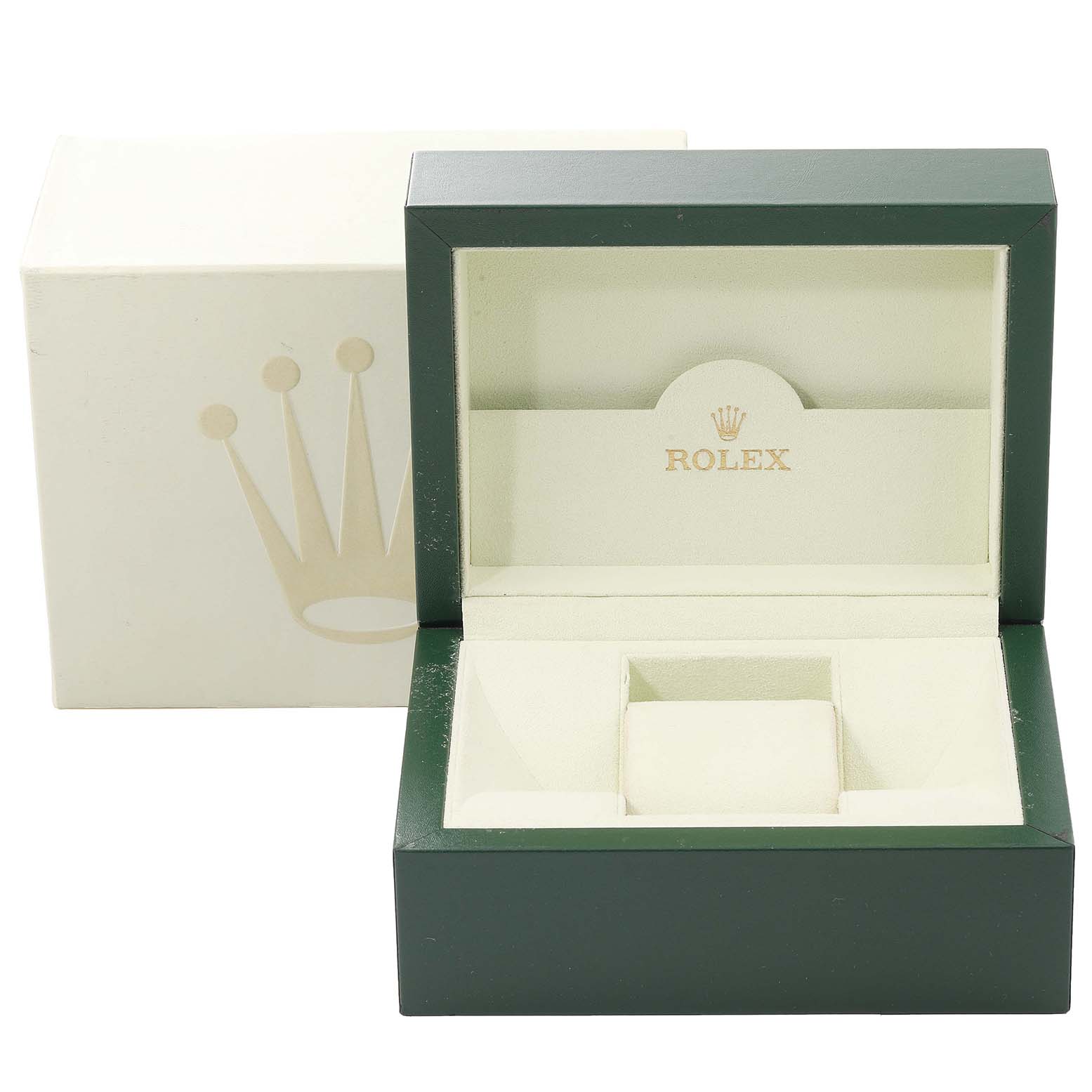 This image shows the open presentation box for a Rolex Datejust 116233 Men's Steel and Gold (two tone) Blue Dial 116233 Men's Steel and Gold (two tone) Blue Dial watch, revealing its cushioned interior.