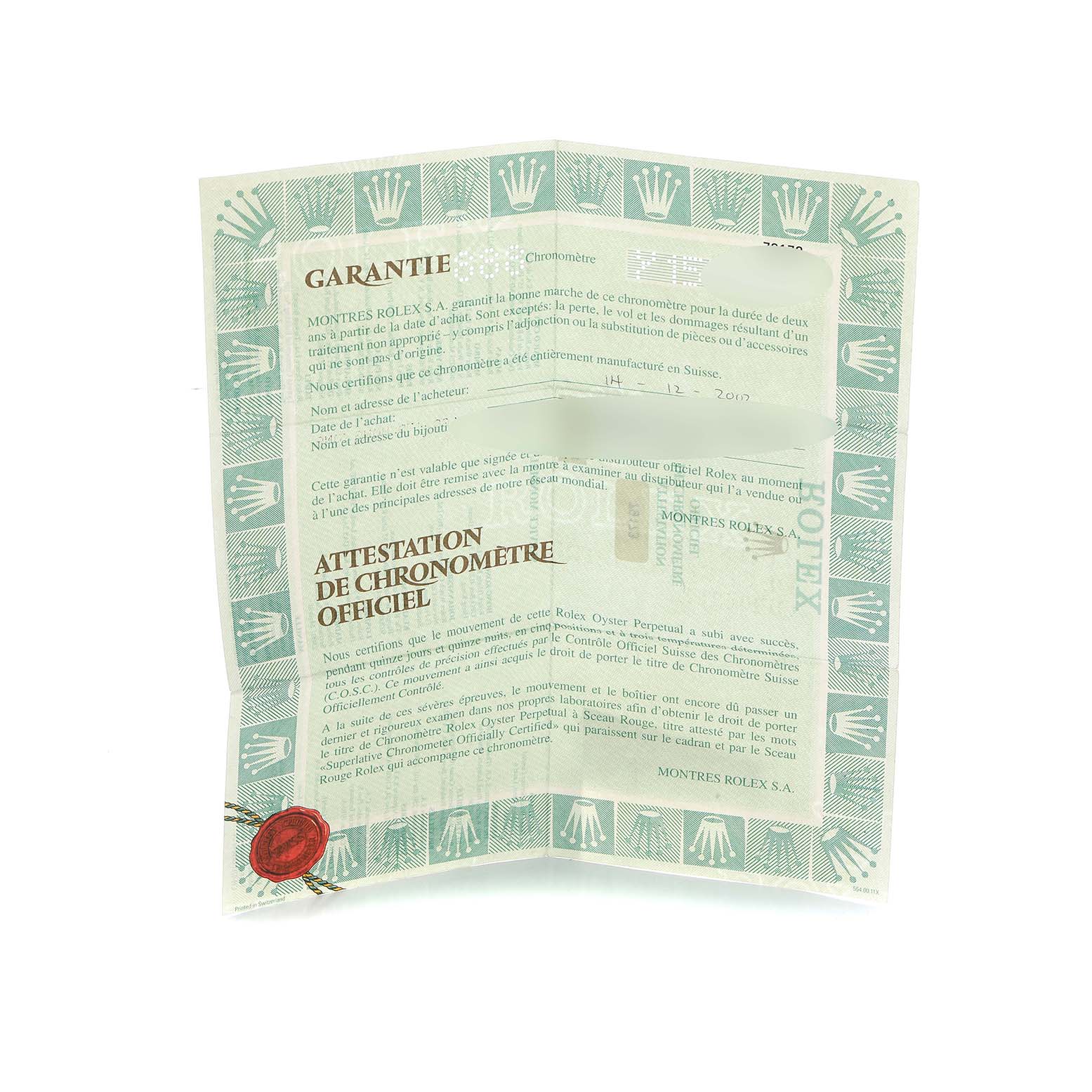 The image shows the warranty certificate with branding details for a Rolex Datejust 79173 Women
s Steel and Gold (two tone) Champagne Dial watch.