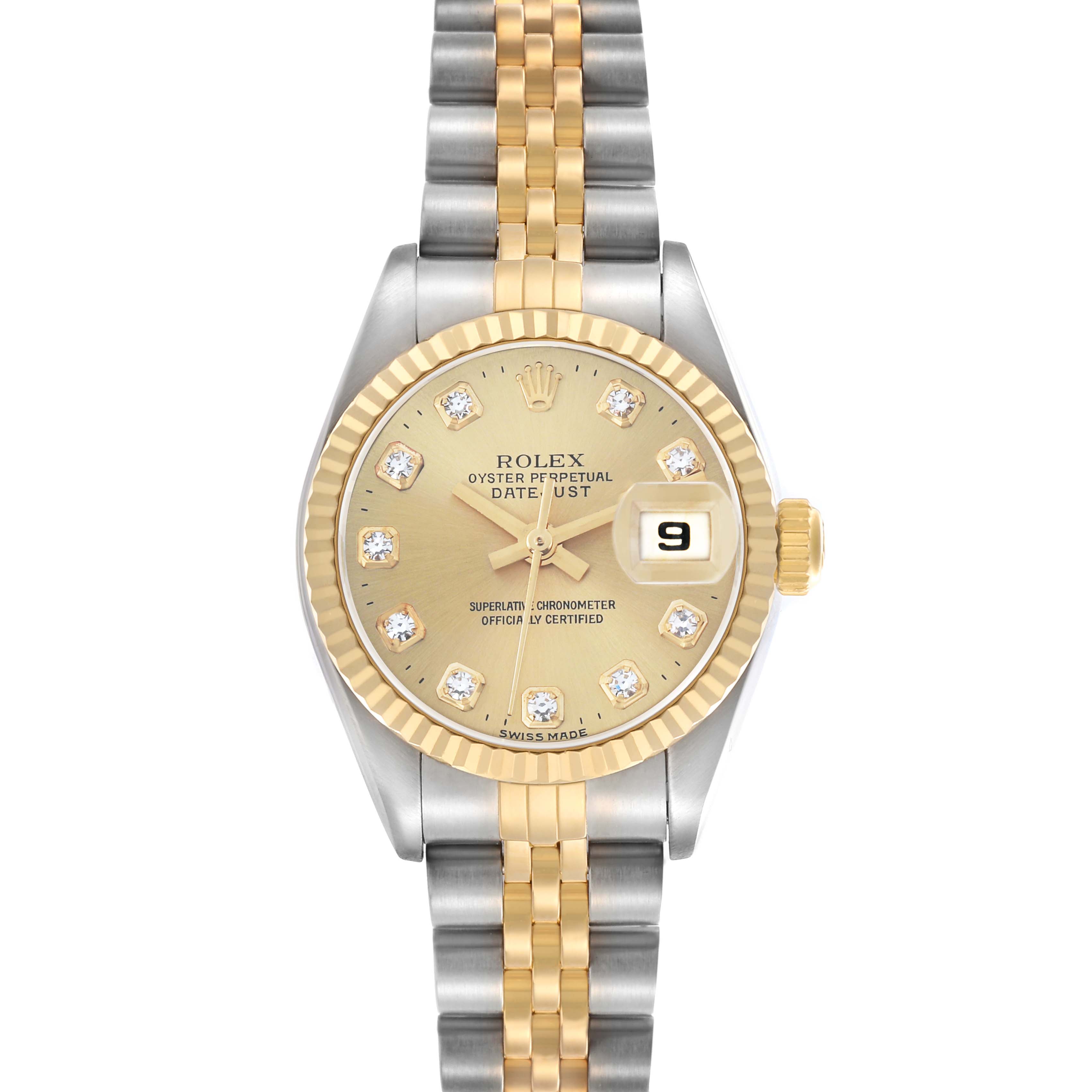 The Rolex Datejust 79173 Women
s Steel and Gold (two tone) Champagne Dial watch is shown from the front, highlighting its gold and silver jubilee bracelet, diamond hour markers, and date display.