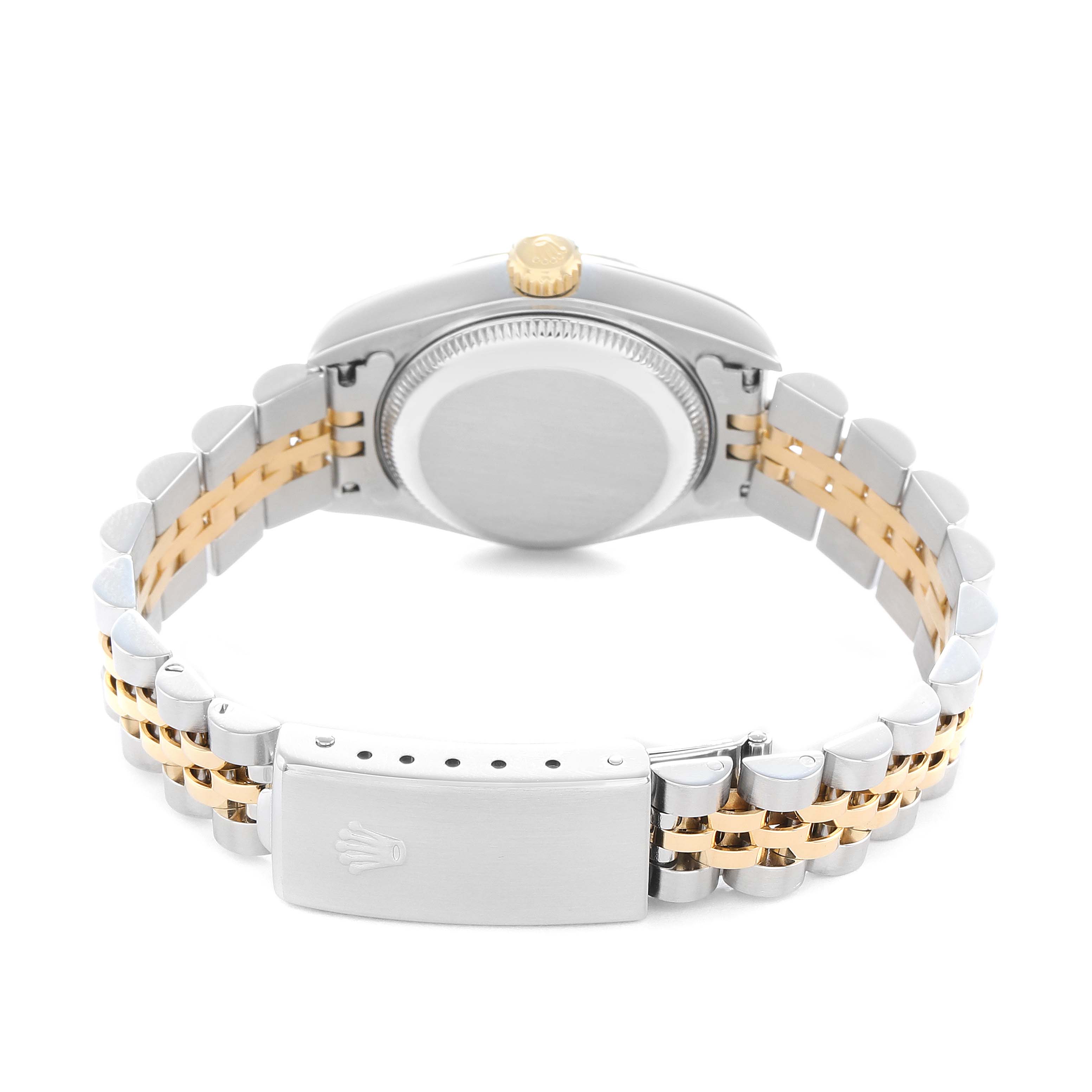 The image shows the back view of a Rolex Datejust 79173 Women
s Steel and Gold (two tone) Champagne Dial, highlighting the clasp, bracelet, and crown.