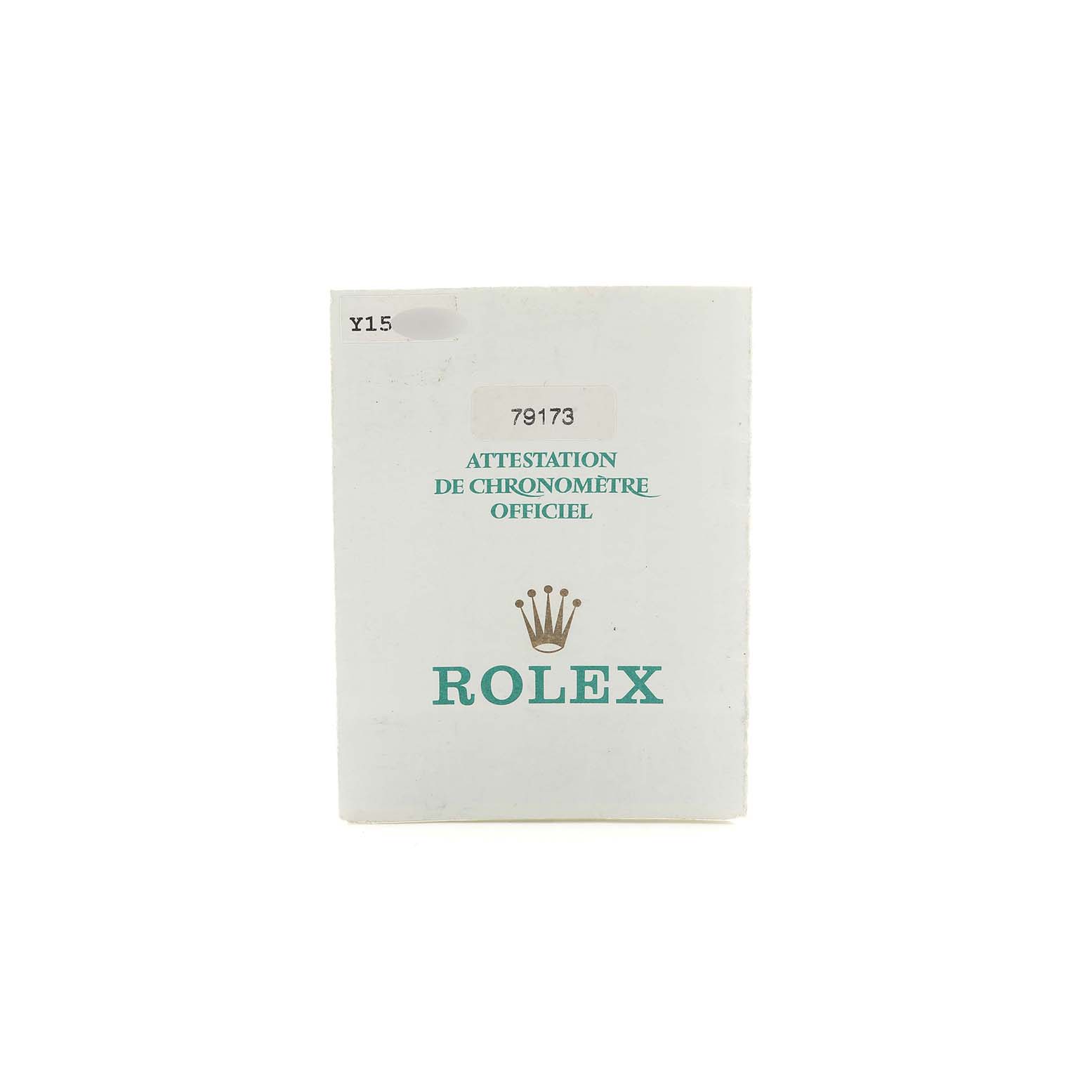 The image shows the front of a Rolex Datejust 79173 Women
s Steel and Gold (two tone) Champagne Dial model documentation or certificate, featuring the Rolex logo and model number.