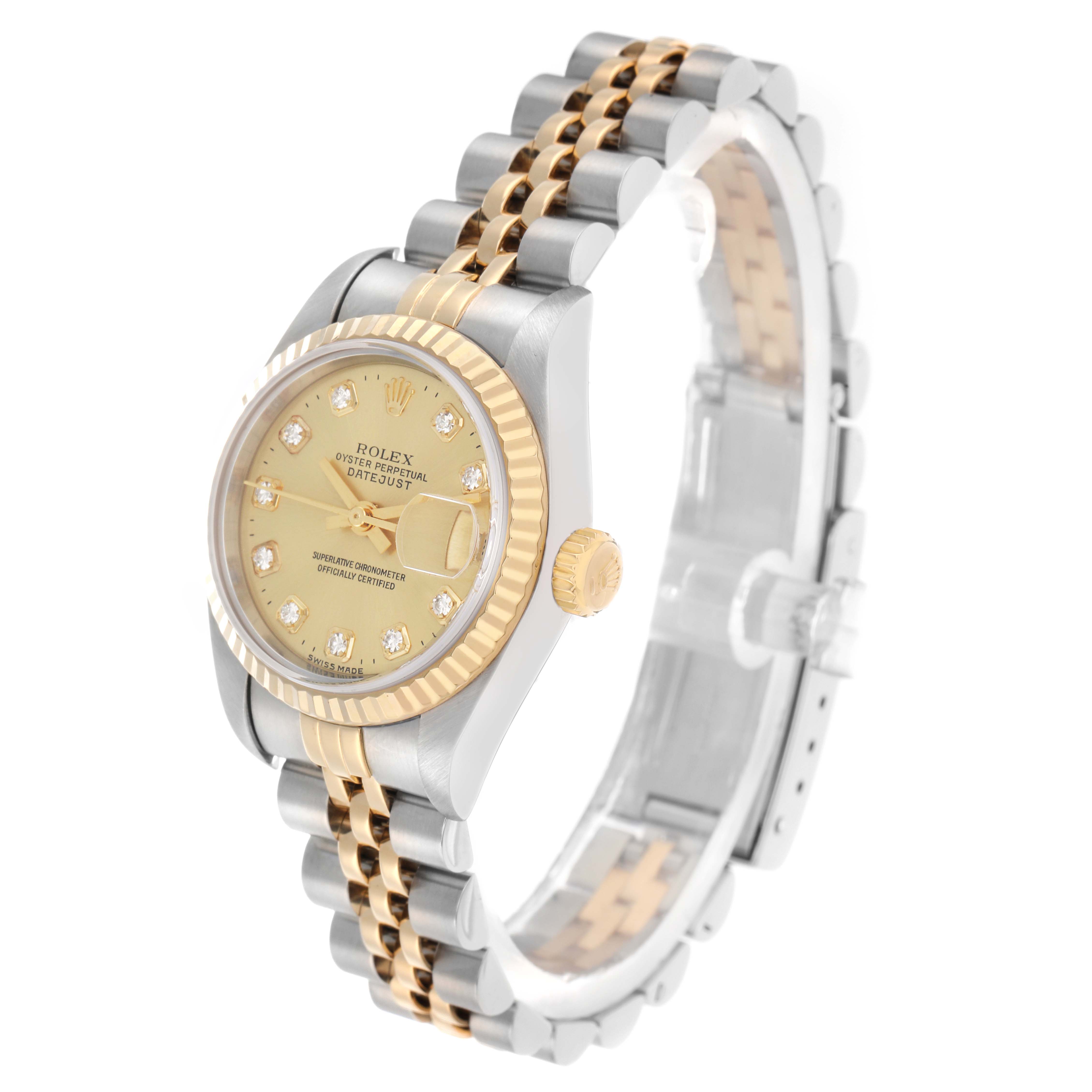 The Rolex Datejust 79173 Women
s Steel and Gold (two tone) Champagne Dial watch is shown at a three-quarter angle, highlighting the dial, bezel, and two-tone bracelet.