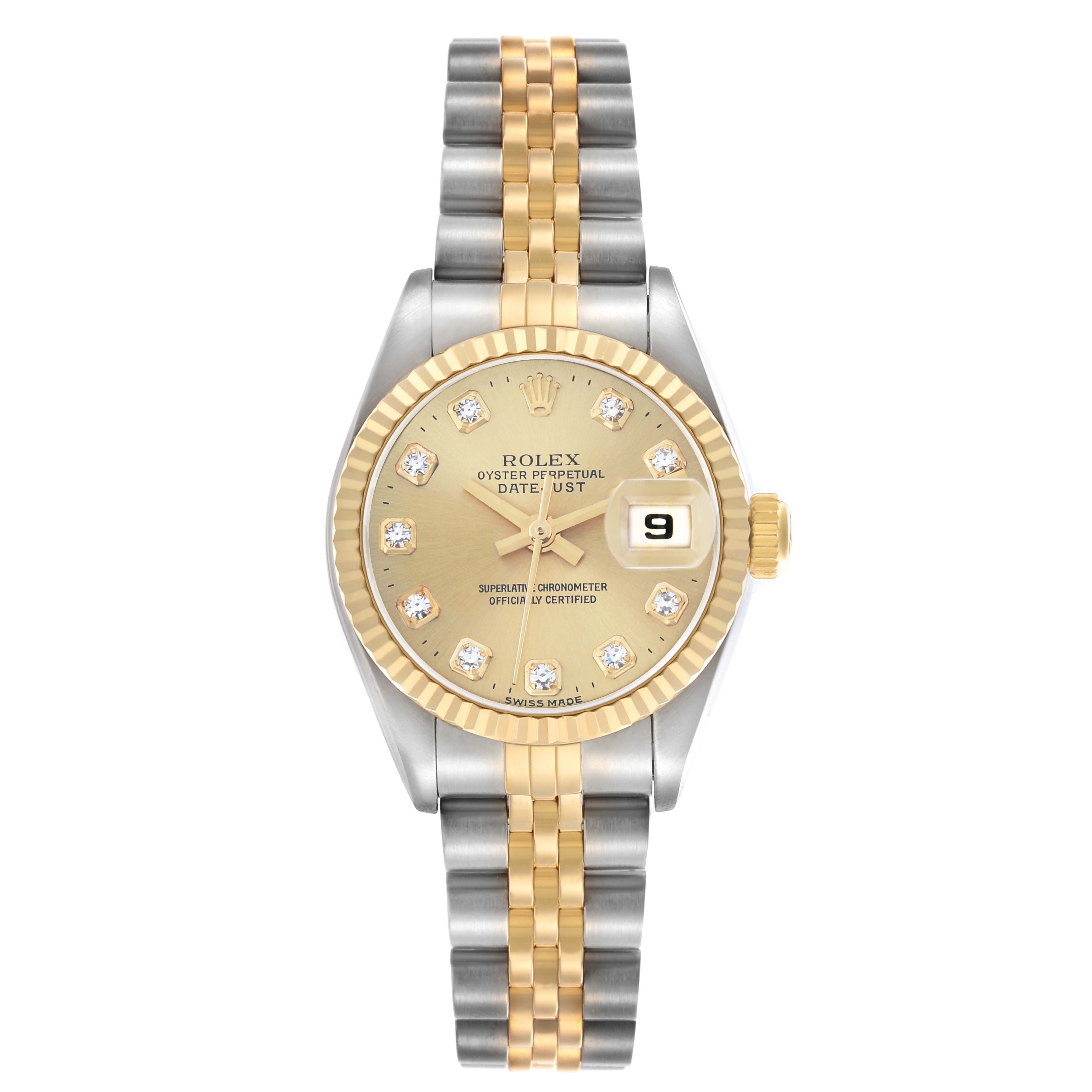 The Rolex Datejust 79173 Women
s Steel and Gold (two tone) Champagne Dial watch is shown from the front, highlighting its dial, bezel, and two-tone bracelet.