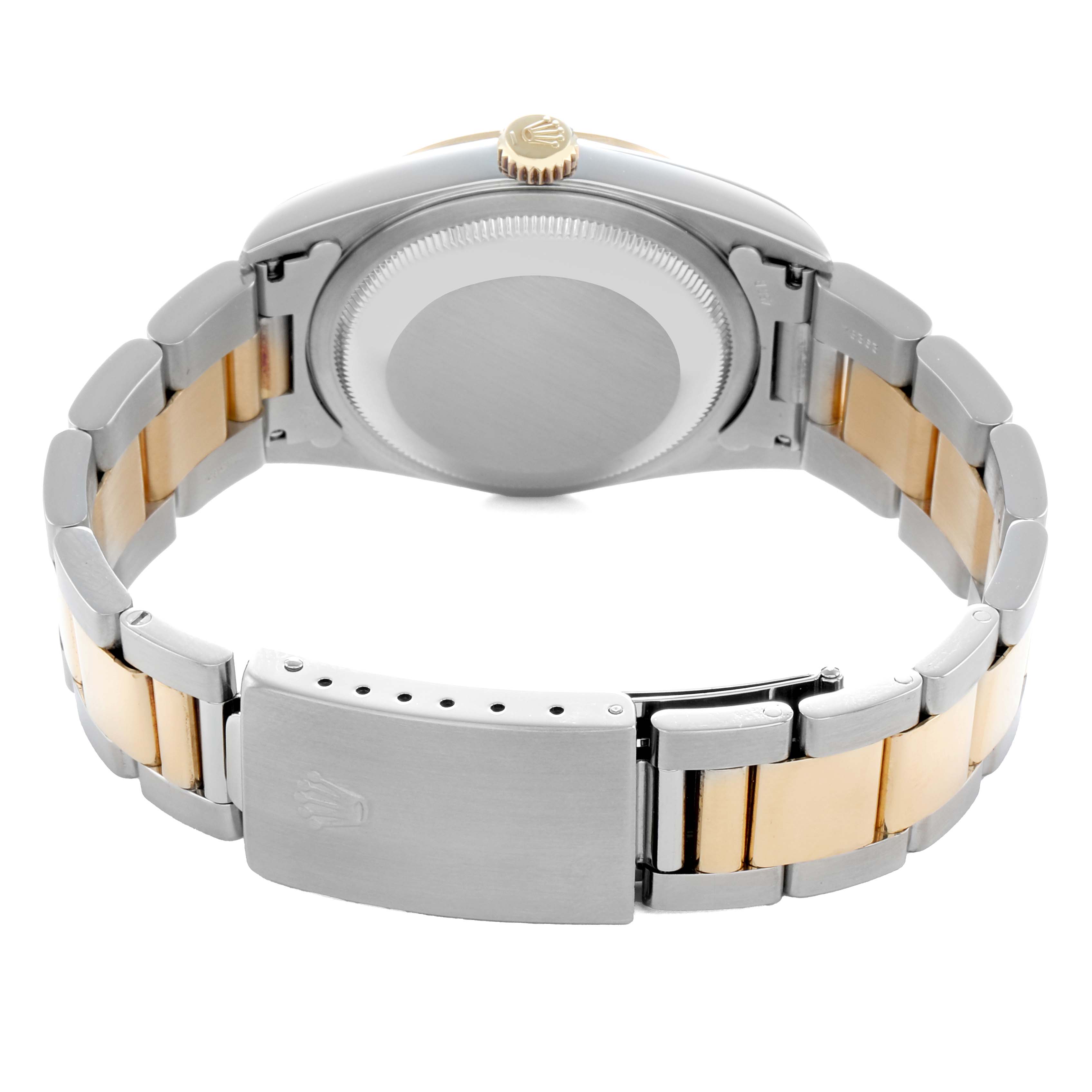 The image shows the back and bracelet of a Rolex Datejust 16203 Men
s Steel and Gold (two tone) Silver Dial watch, highlighting the clasp and case back.