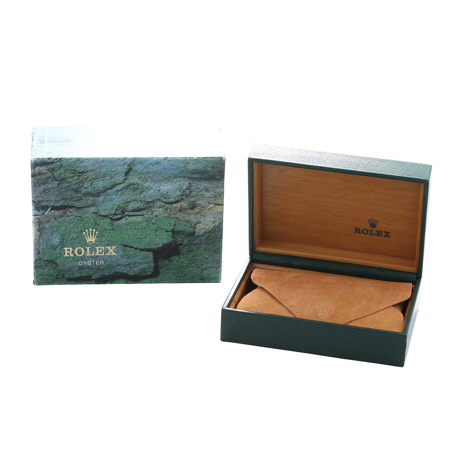 The image shows Rolex Datejust 16203 Men
s Steel and Gold (two tone) Silver Dial packaging with an open and closed watch box, featuring a green exterior and wood interior.