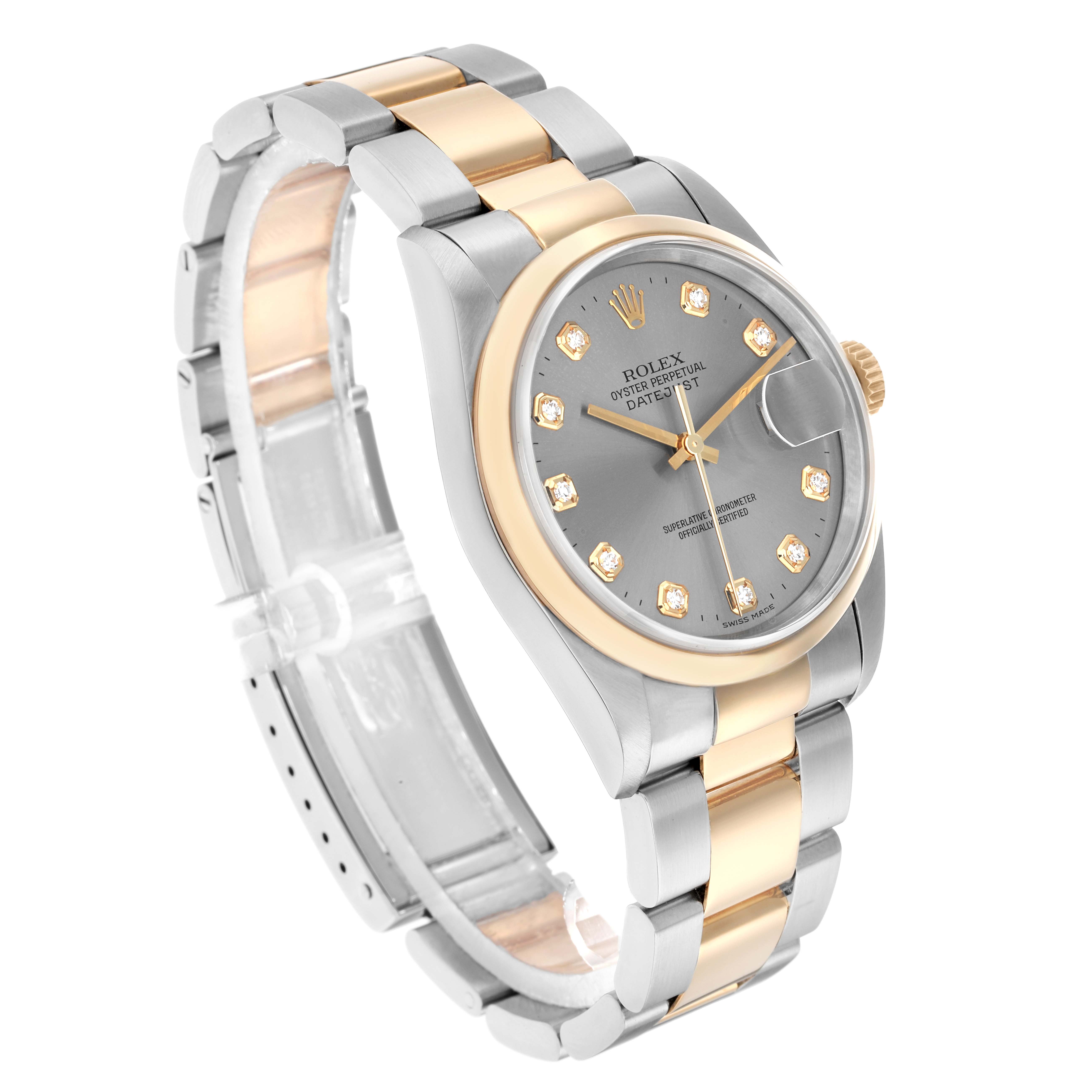 The Rolex Datejust 16203 Men
s Steel and Gold (two tone) Silver Dial watch is shown at a three-quarter angle, highlighting the bezel, dial, bracelet, and crown.