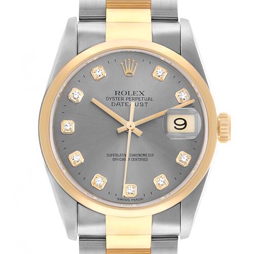 The Rolex Datejust 16203 Men's Steel and Gold (two tone) Silver Dial watch is shown from a front angle, highlighting the dial, case, and part of the bracelet.