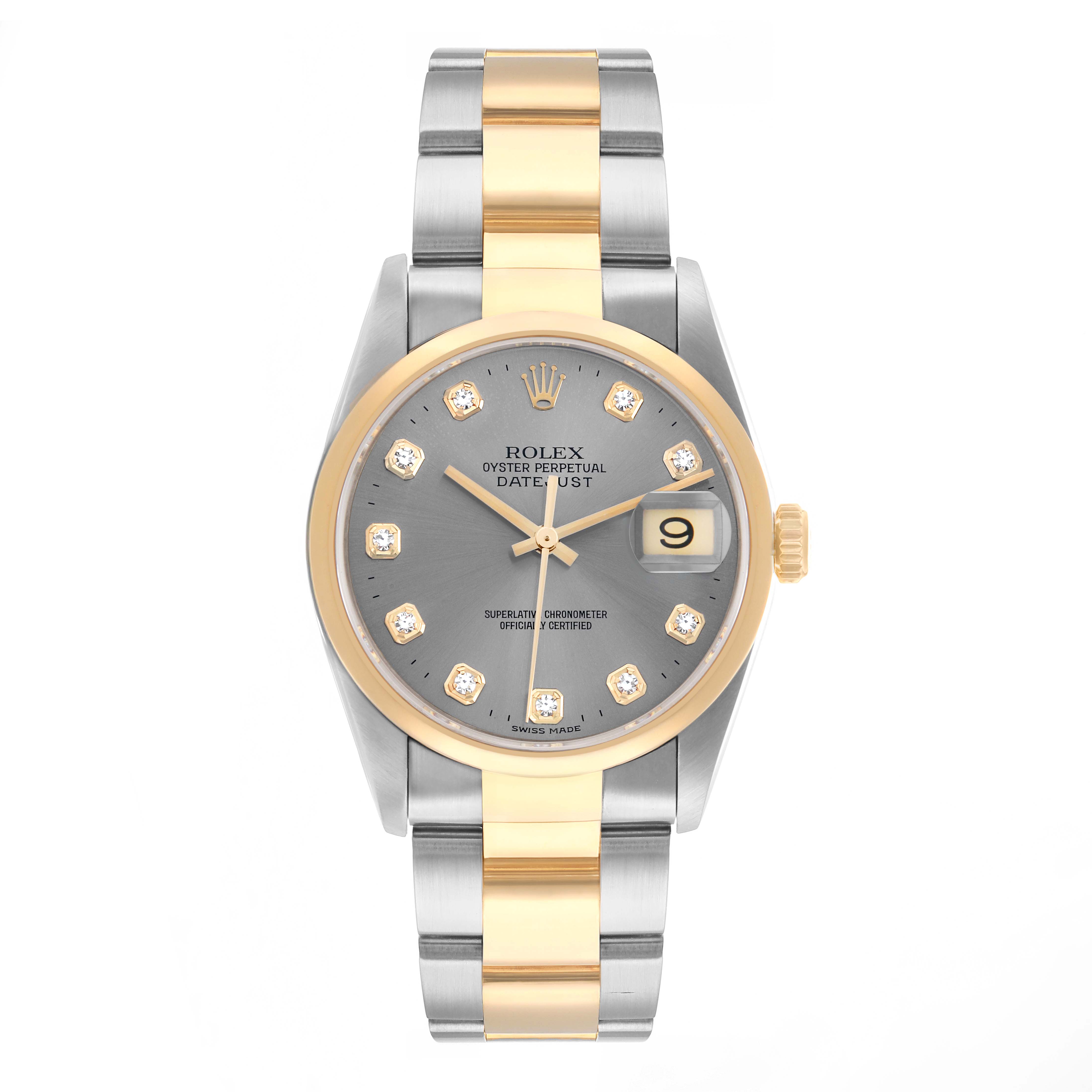 The Rolex Datejust 16203 Men
s Steel and Gold (two tone) Silver Dial watch is shown from a top-down angle, highlighting its gold and silver bracelet, gray dial, and date feature.