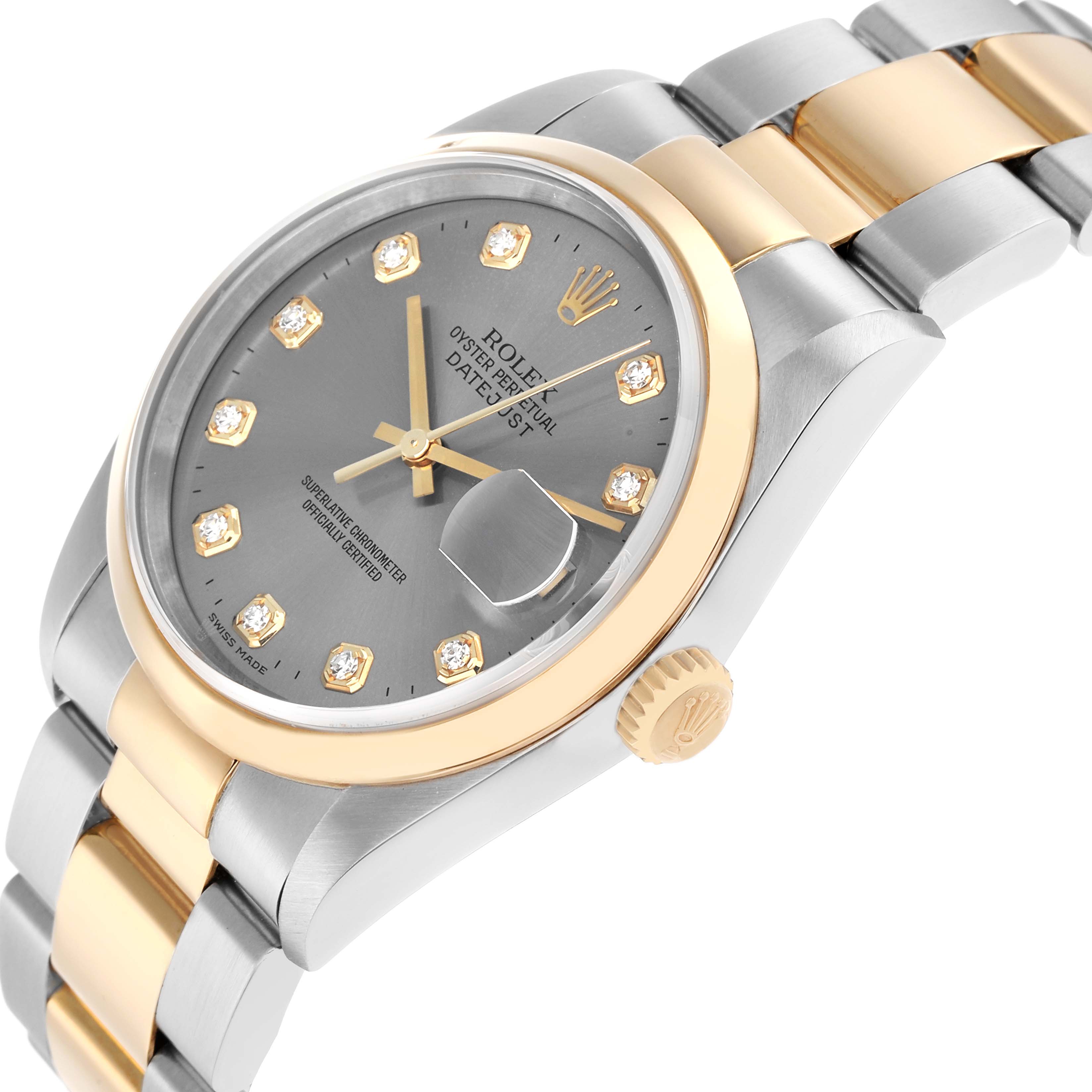 The Rolex Datejust 16203 Men
s Steel and Gold (two tone) Silver Dial watch is shown at an angled side view, highlighting the dial, bezel, crown, and two-tone bracelet.