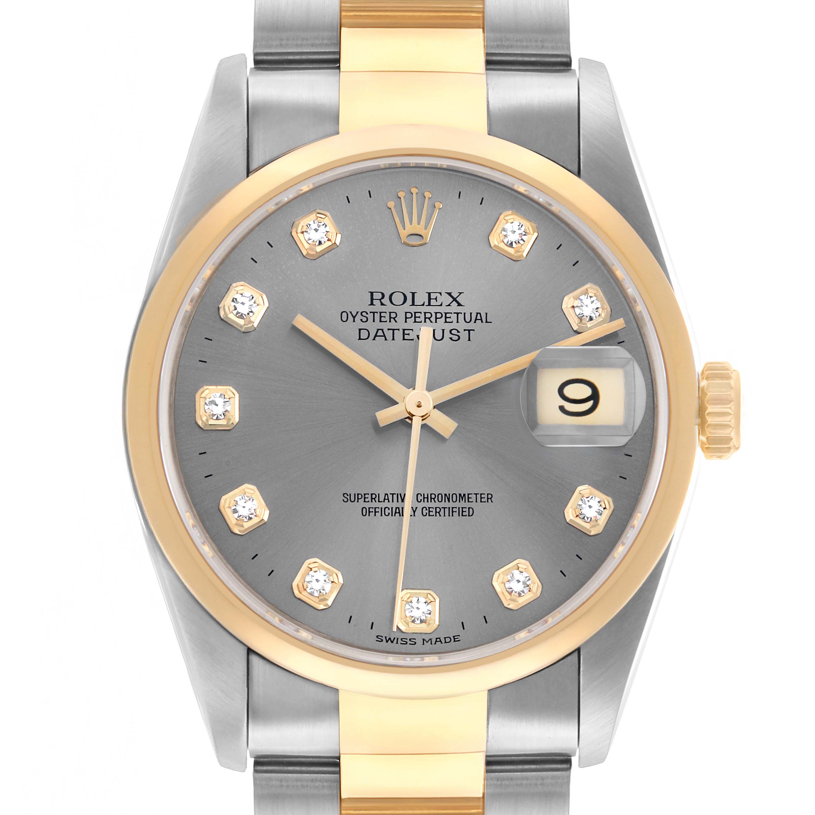 The Rolex Datejust 16203 Men
s Steel and Gold (two tone) Silver Dial watch is shown from the front, featuring a gray dial, diamond hour markers, and a two-tone bracelet.
