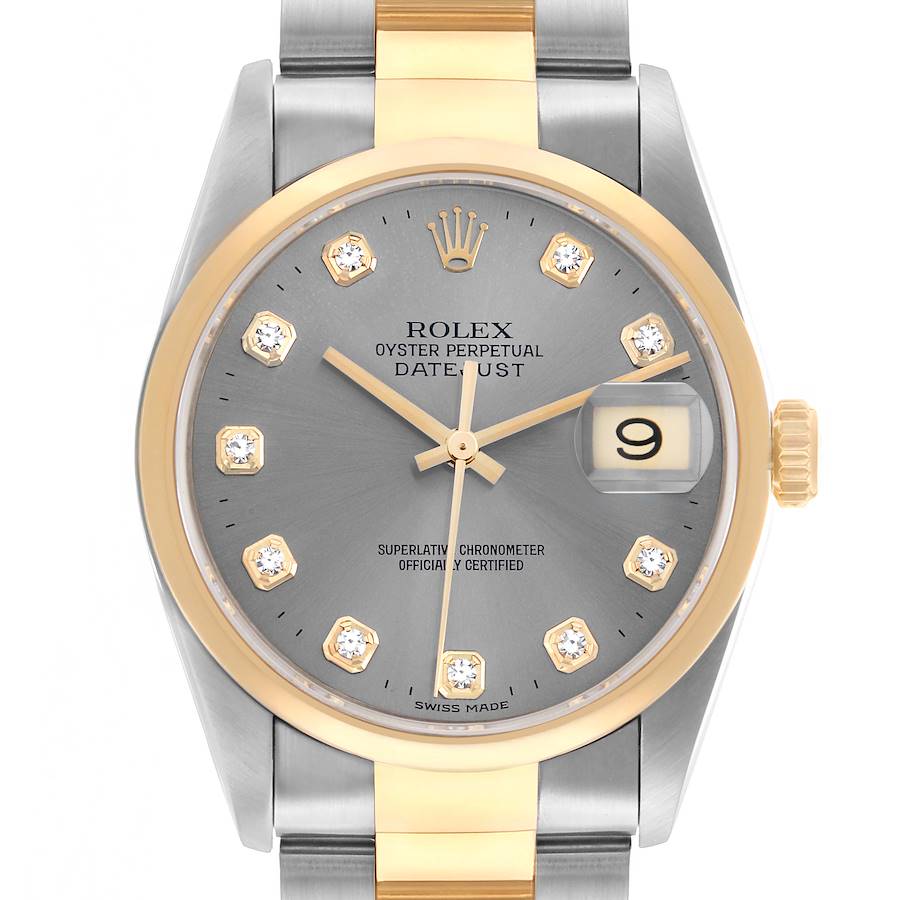 The Rolex Datejust 16203 Men's Steel and Gold (two tone) Silver Dial watch is shown from the front, featuring a gray dial, diamond hour markers, and a two-tone bracelet.