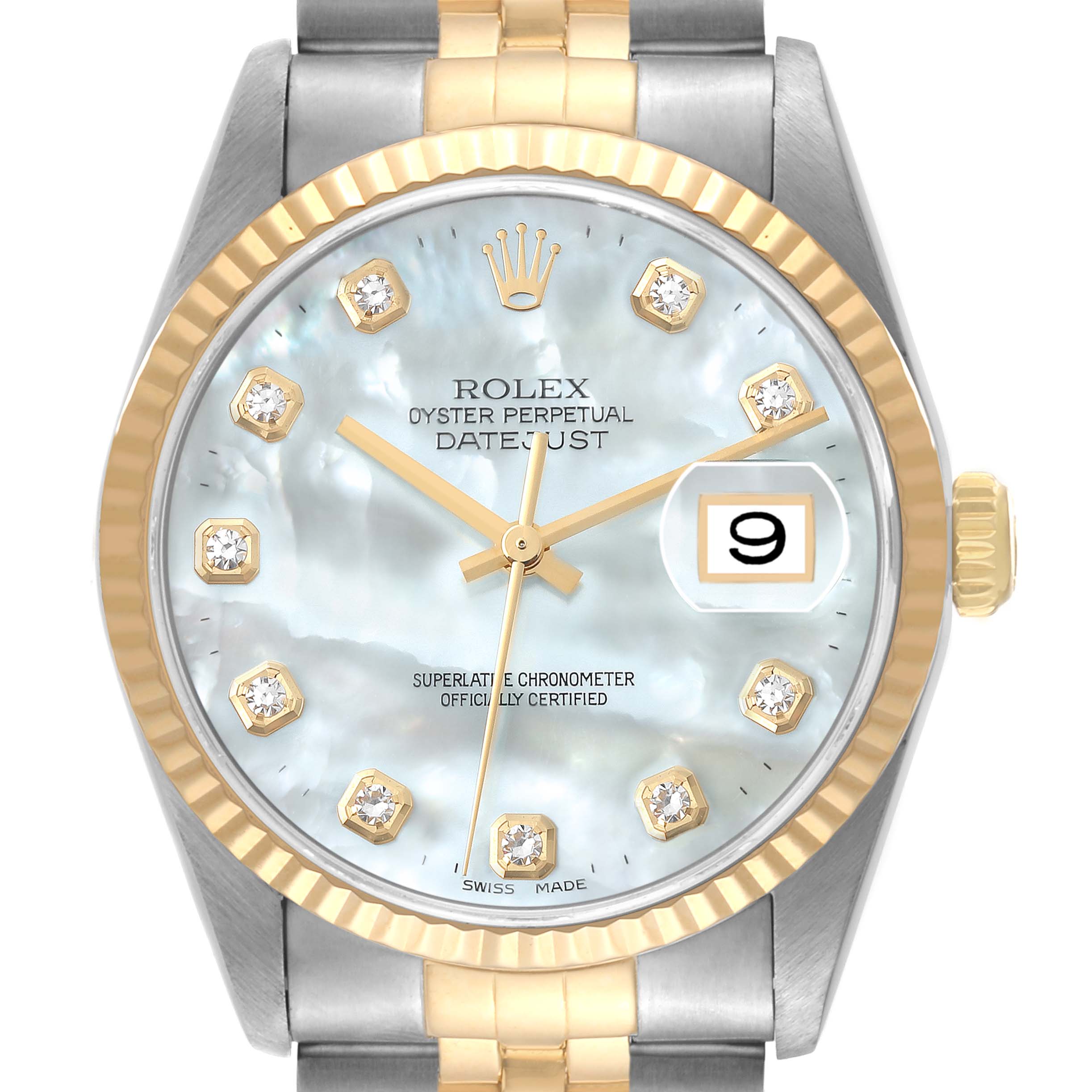 This image shows a close-up front view of the Rolex Datejust 16233 Men's Steel and Gold (two tone) Mother of Pearl Dial 16233 Men's Steel and Gold (two tone) Mother of Pearl Dial watch, highlighting its face, bezel, and part of the bracelet.
