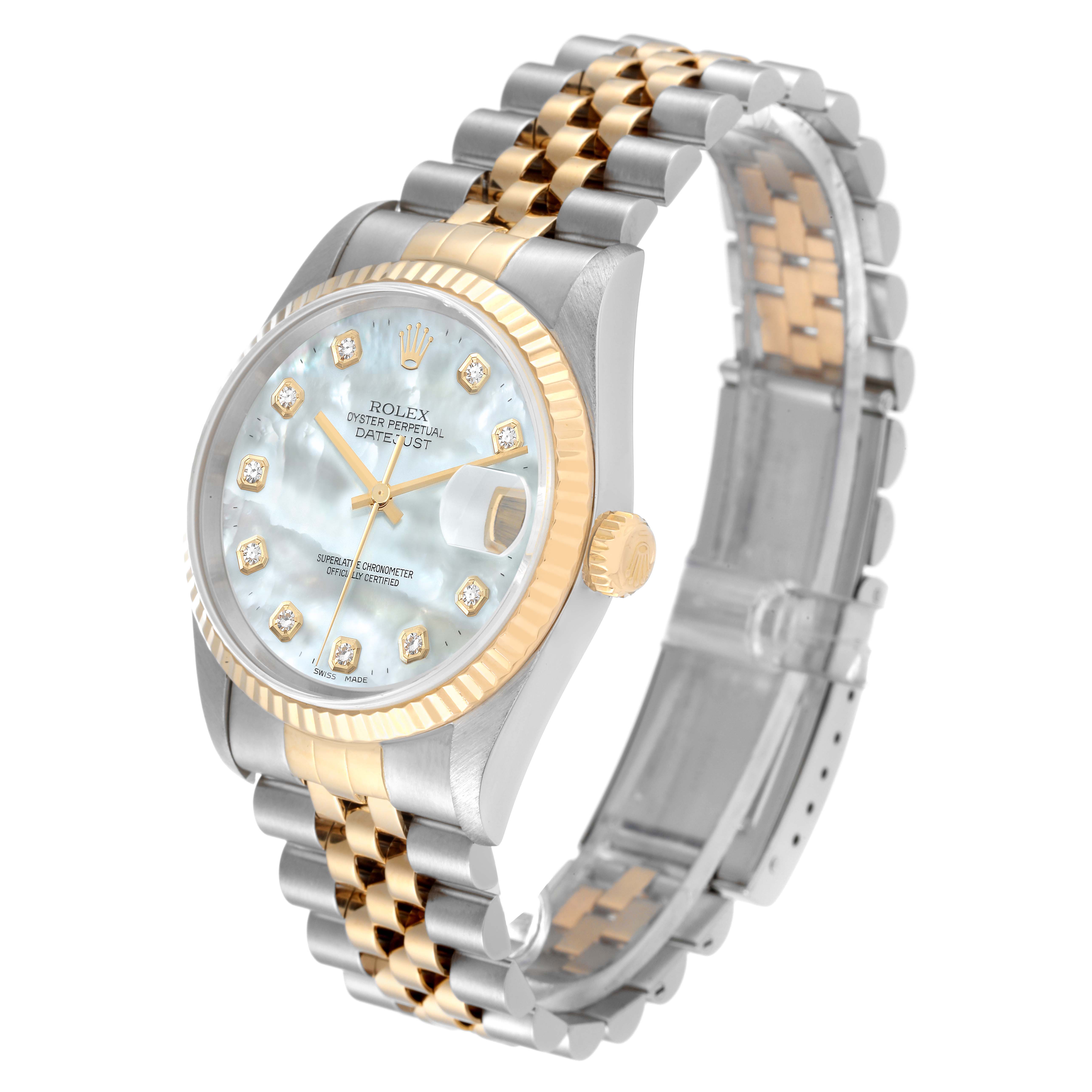 The Rolex Datejust 16233 Men's Steel and Gold (two tone) Mother of Pearl Dial 16233 Men's Steel and Gold (two tone) Mother of Pearl Dial watch is shown at a three-quarter angle, displaying the face, fluted bezel, crown, and Jubilee bracelet.