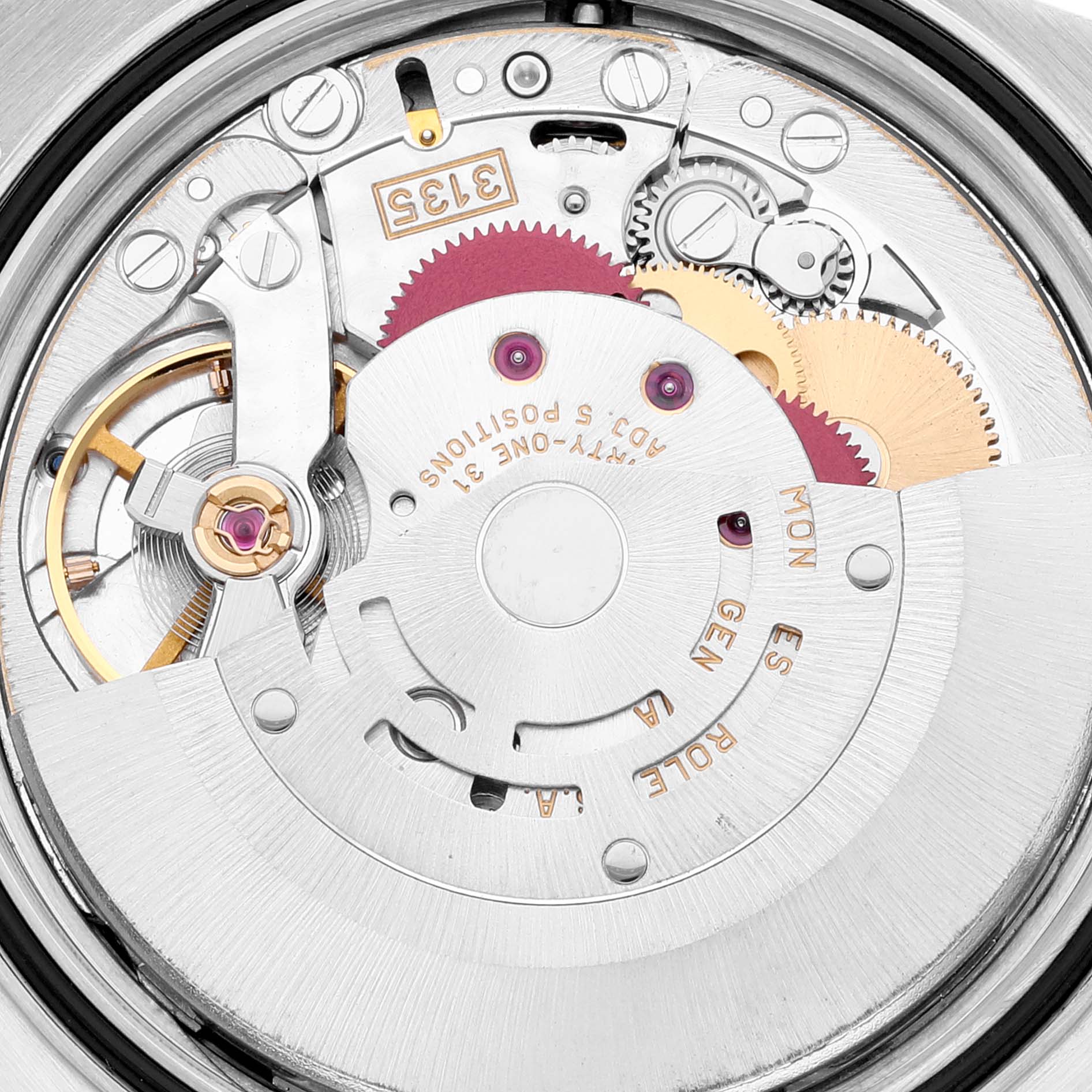 This image shows the movement/mechanical part of a Rolex Datejust 16233 Men's Steel and Gold (two tone) Mother of Pearl Dial 16233 Men's Steel and Gold (two tone) Mother of Pearl Dial watch, viewed from the back.