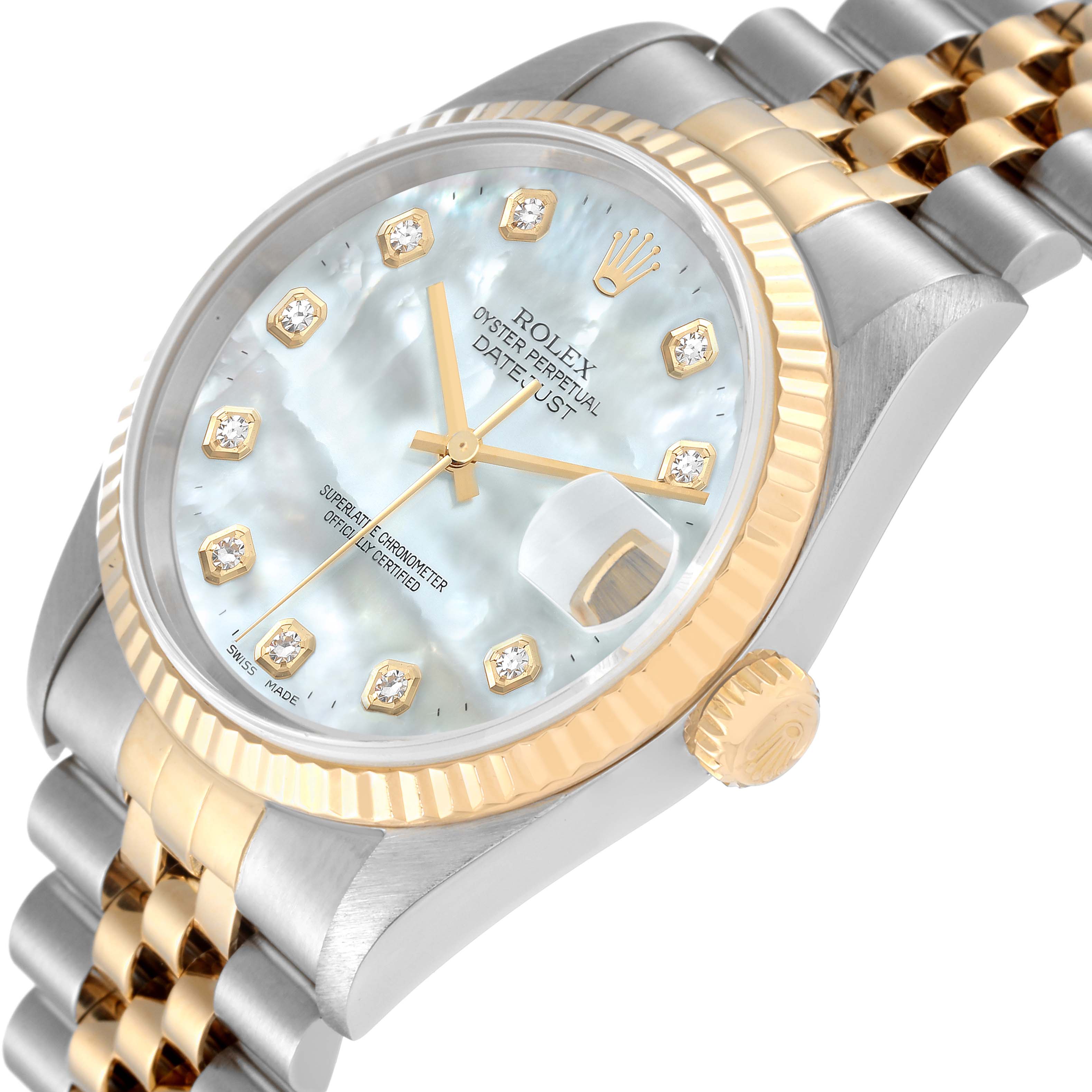The image shows an angled view of a Rolex Datejust 16233 Men's Steel and Gold (two tone) Mother of Pearl Dial 16233 Men's Steel and Gold (two tone) Mother of Pearl Dial watch displaying its dial, bezel, crown, and part of the bracelet.