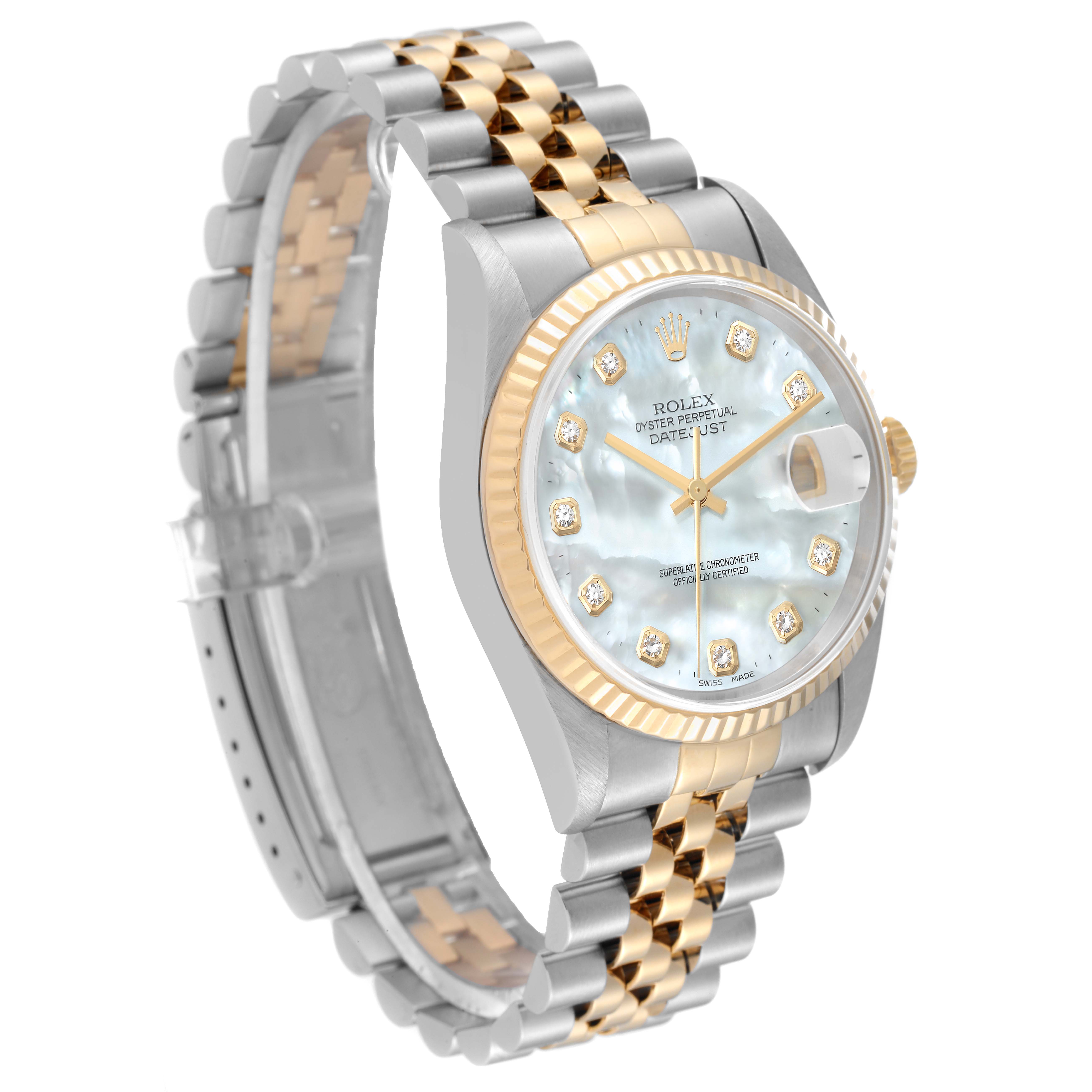 The Rolex Datejust 16233 Men's Steel and Gold (two tone) Mother of Pearl Dial 16233 Men's Steel and Gold (two tone) Mother of Pearl Dial model is shown at an angled side view, highlighting the dial, case, and jubilee bracelet.