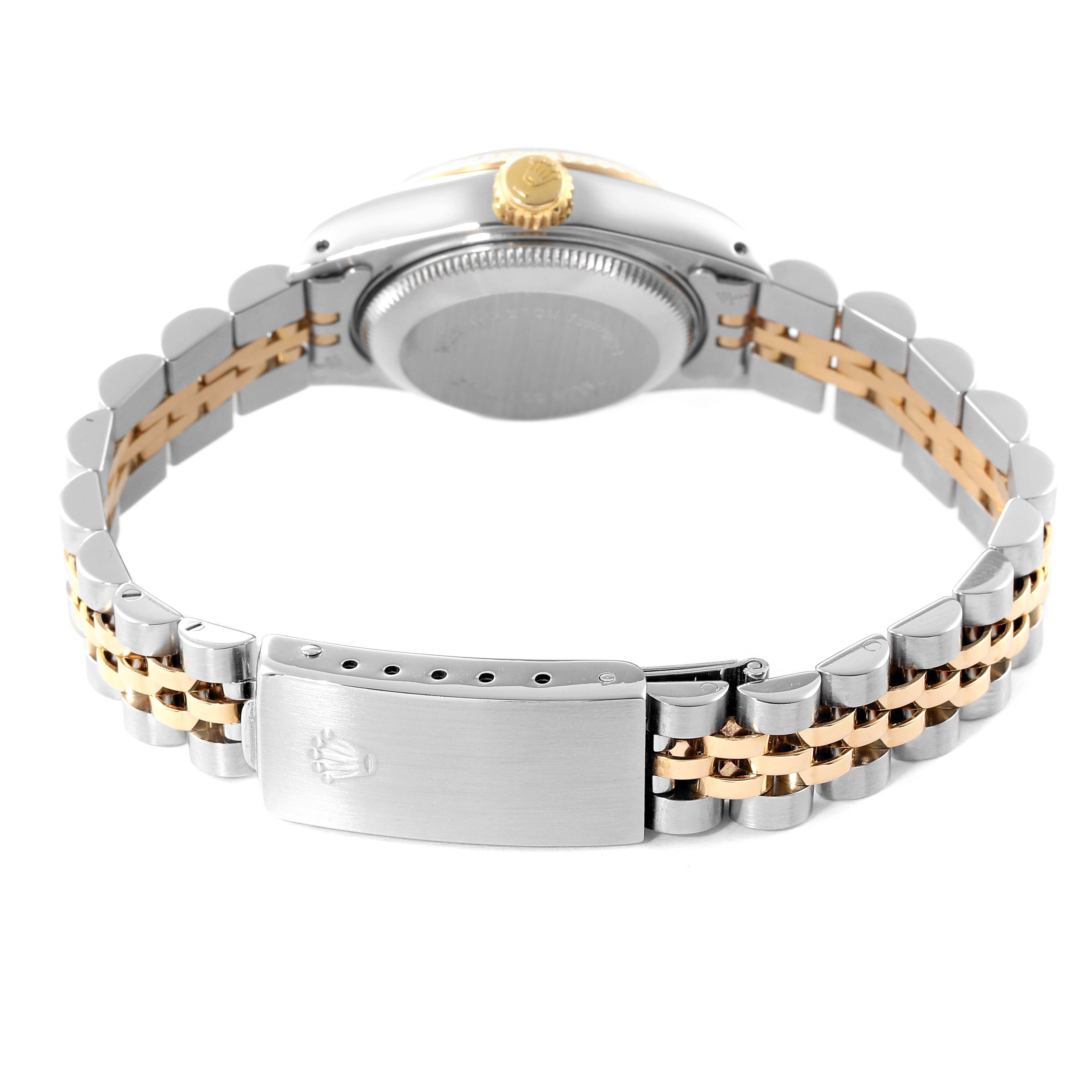 The image shows the back view of a Rolex Datejust 69173 Women's Steel and Gold (two tone) Silver Dial 69173 Women's Steel and Gold (two tone) Silver Dial watch, displaying the bracelet, clasp, and case back.
