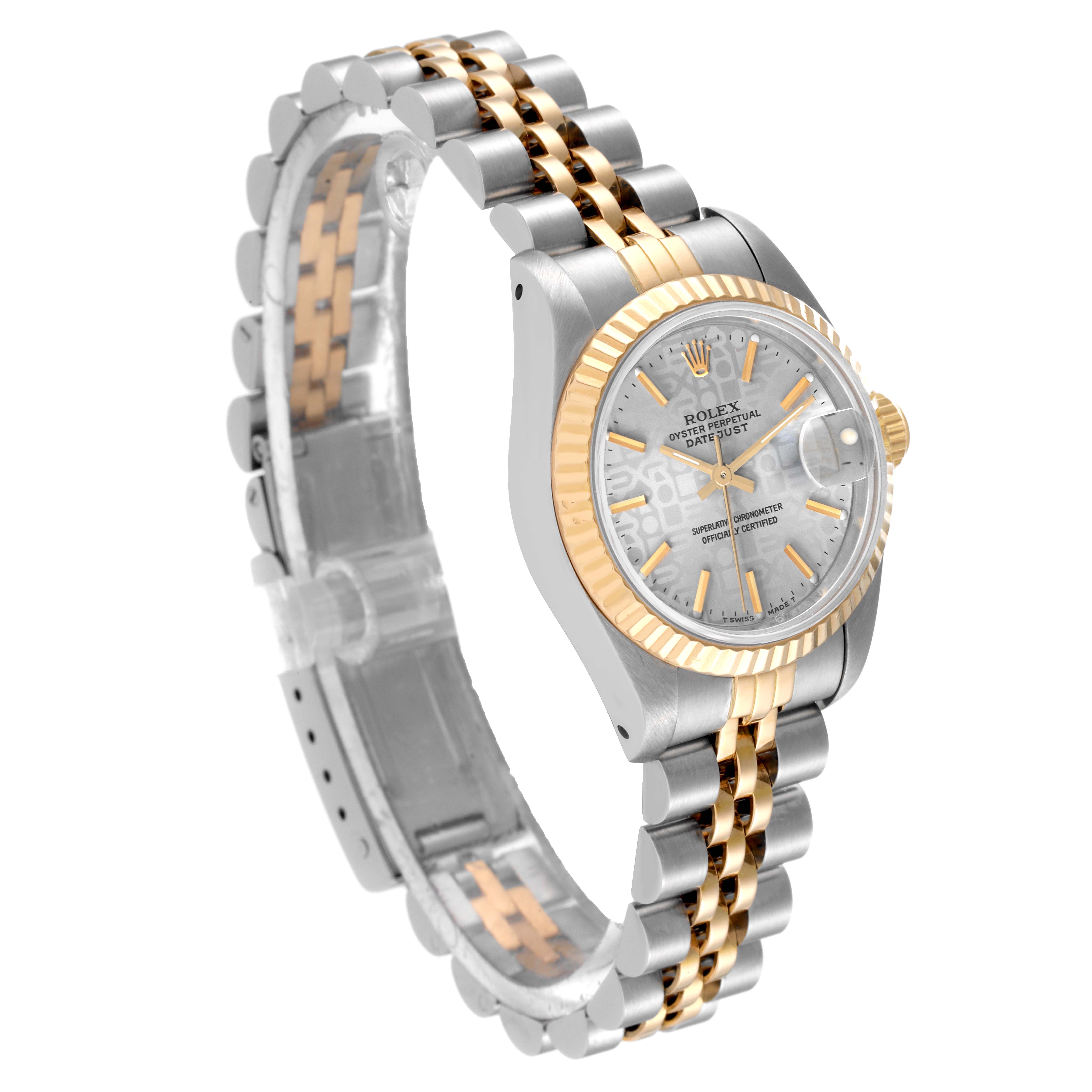 The image shows a Rolex Datejust 69173 Women's Steel and Gold (two tone) Silver Dial 69173 Women's Steel and Gold (two tone) Silver Dial watch at a three-quarter angle, highlighting its two-tone bracelet and fluted bezel.
