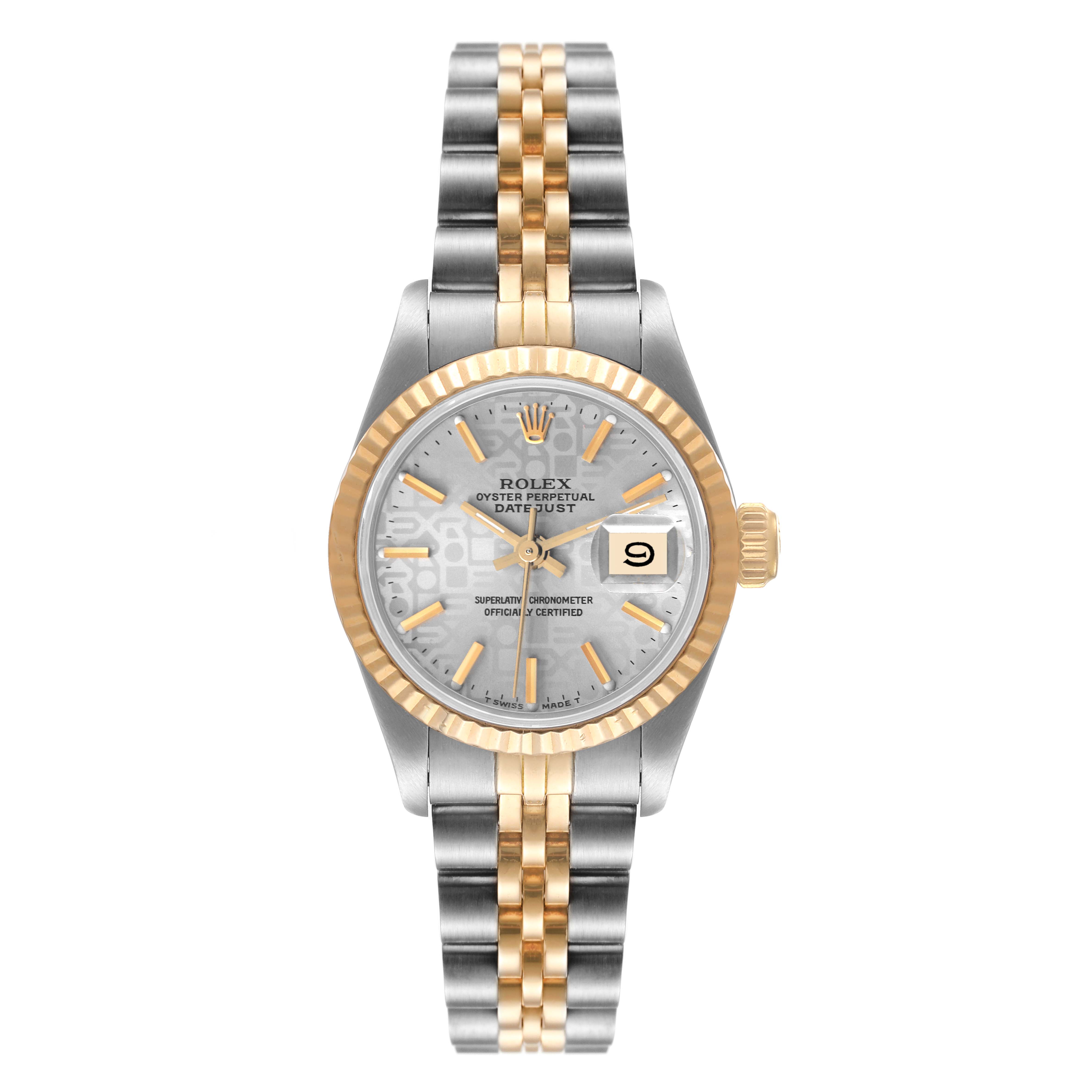 This image shows a front view of a Rolex Datejust 69173 Women's Steel and Gold (two tone) Silver Dial 69173 Women's Steel and Gold (two tone) Silver Dial watch displaying the face, bezel, crown, and bracelet.
