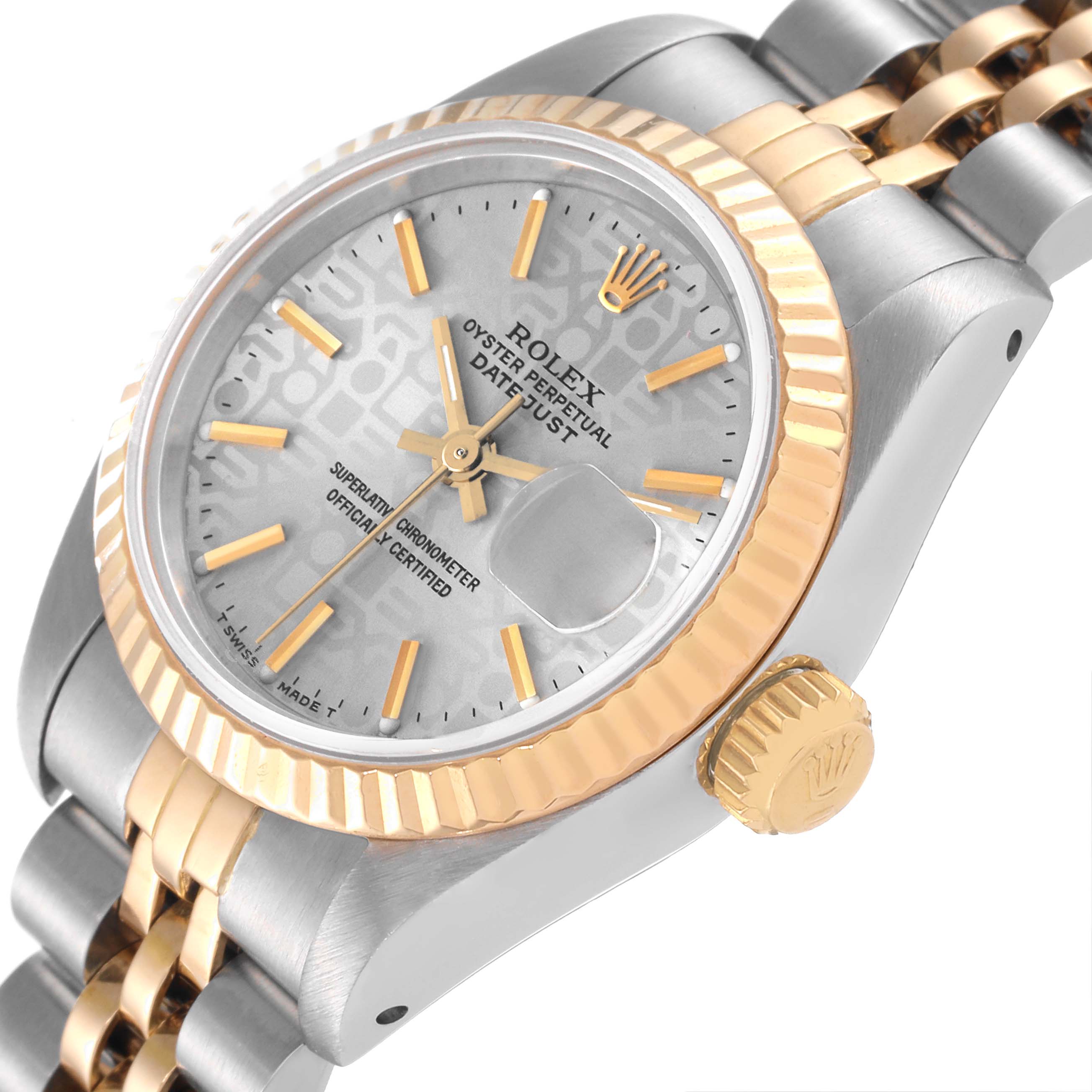 The image shows a close-up of the Rolex Datejust 69173 Women's Steel and Gold (two tone) Silver Dial 69173 Women's Steel and Gold (two tone) Silver Dial watch, highlighting its dial, bezel, crown, and part of the bracelet.