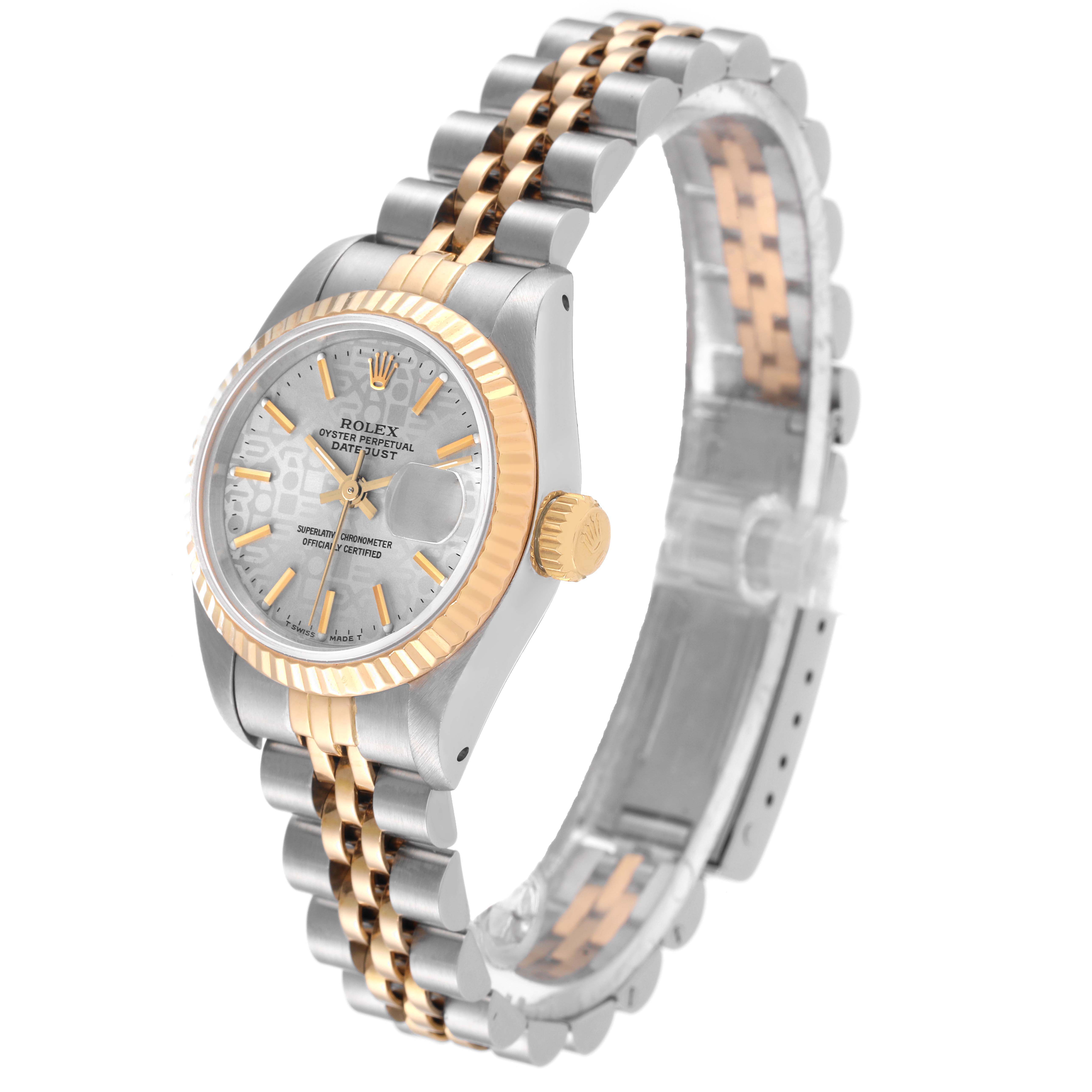 The Rolex Datejust 69173 Women's Steel and Gold (two tone) Silver Dial 69173 Women's Steel and Gold (two tone) Silver Dial watch is shown at a slight angle, highlighting the face, bezel, crown, and two-tone bracelet.