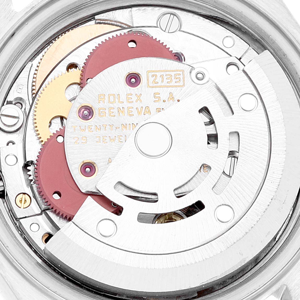 This is a close-up view of the movement mechanism inside a Rolex Datejust 69173 Women's Steel and Gold (two tone) Silver Dial 69173 Women's Steel and Gold (two tone) Silver Dial watch.