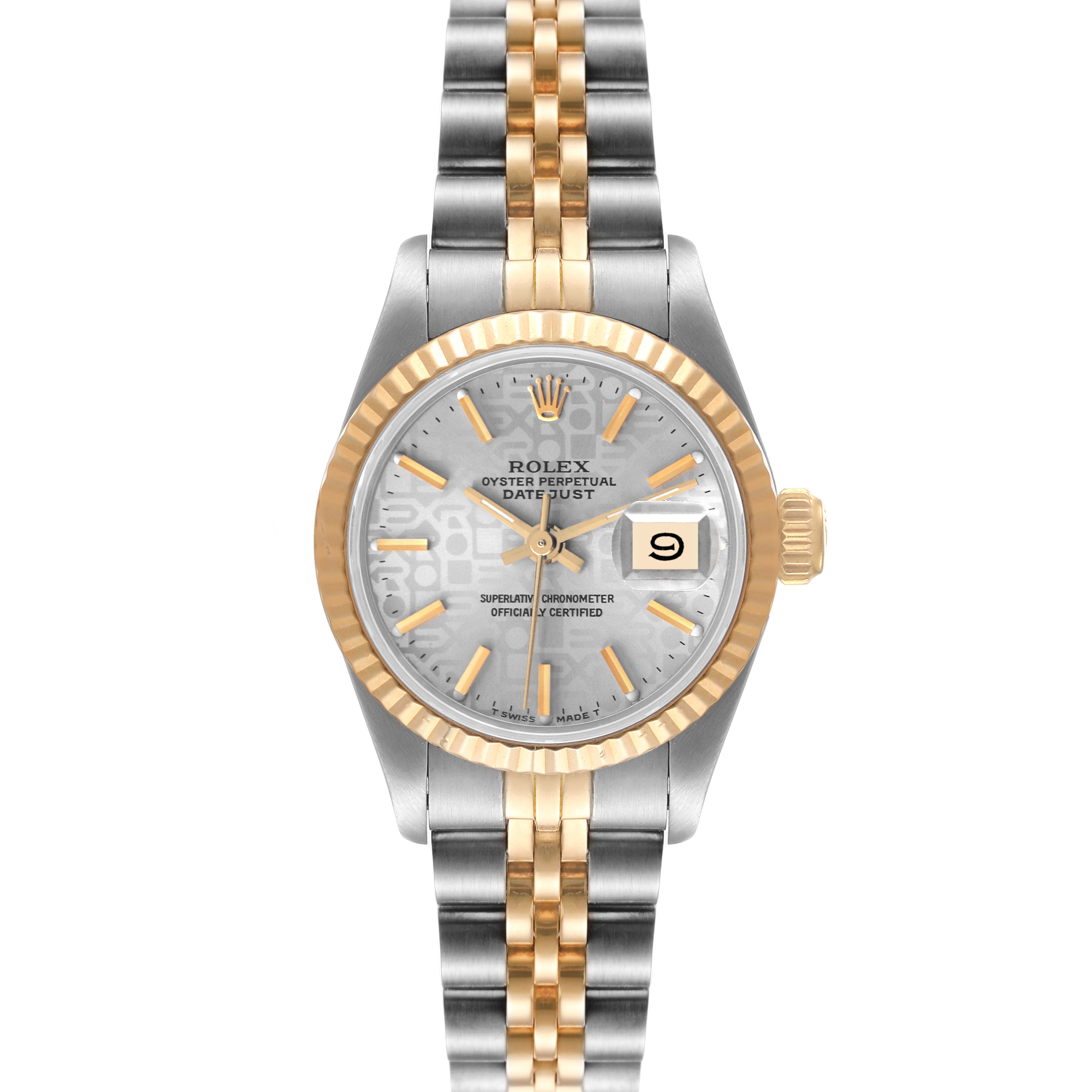This is a front view of a Rolex Datejust 69173 Women's Steel and Gold (two tone) Silver Dial 69173 Women's Steel and Gold (two tone) Silver Dial watch, showing the dial, bezel, crown, and bracelet.