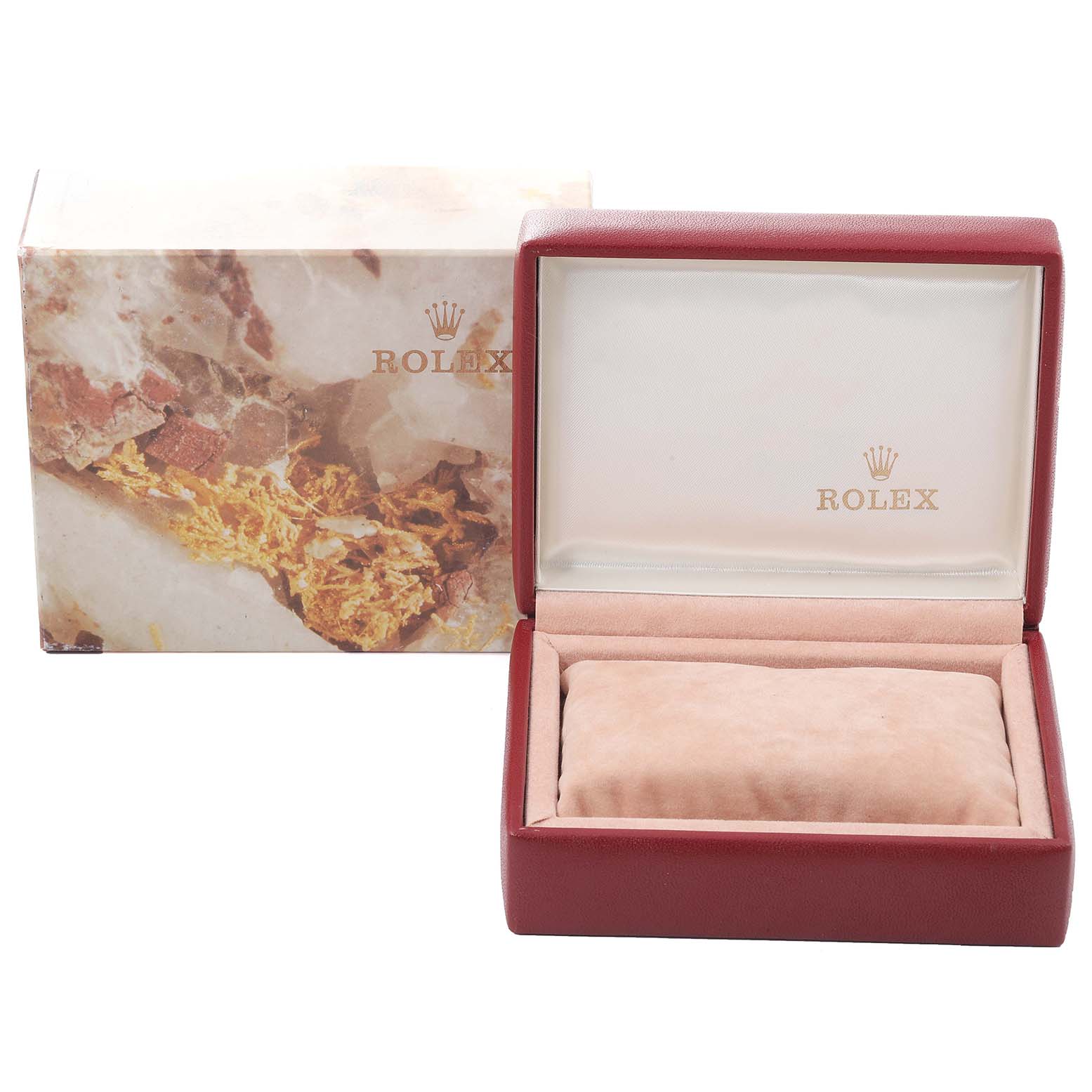 The image shows an open red leather Rolex Datejust 69173 Women's Steel and Gold (two tone) Silver Dial 69173 Women's Steel and Gold (two tone) Silver Dial watch box and its outer decorative box.