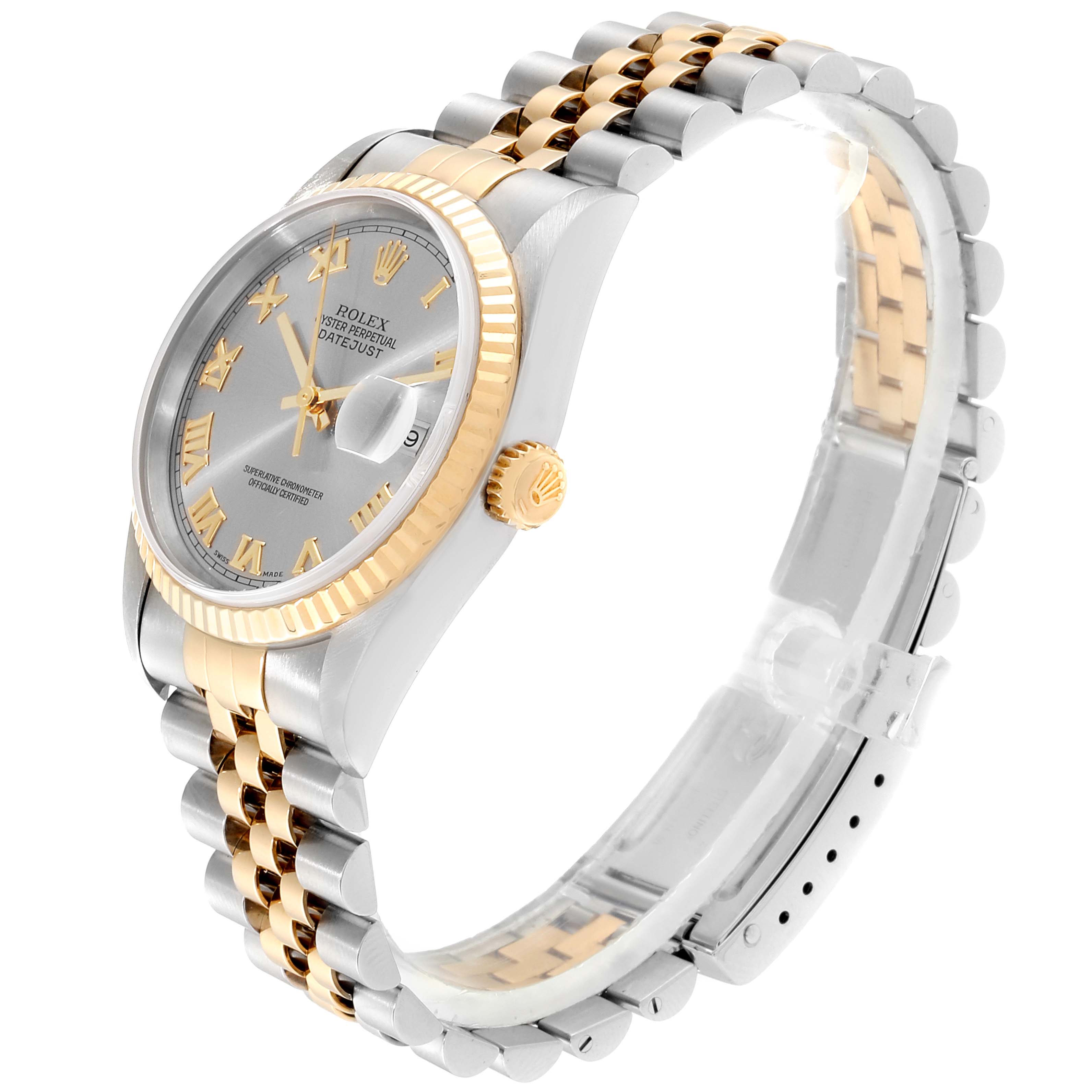 The Rolex Datejust 16233 Men's Steel and Gold (two tone) Grey Dial 16233 Men's Steel and Gold (two tone) Grey Dial watch is shown at a side angle highlighting its silver and gold bracelet, fluted bezel, and grey dial.
