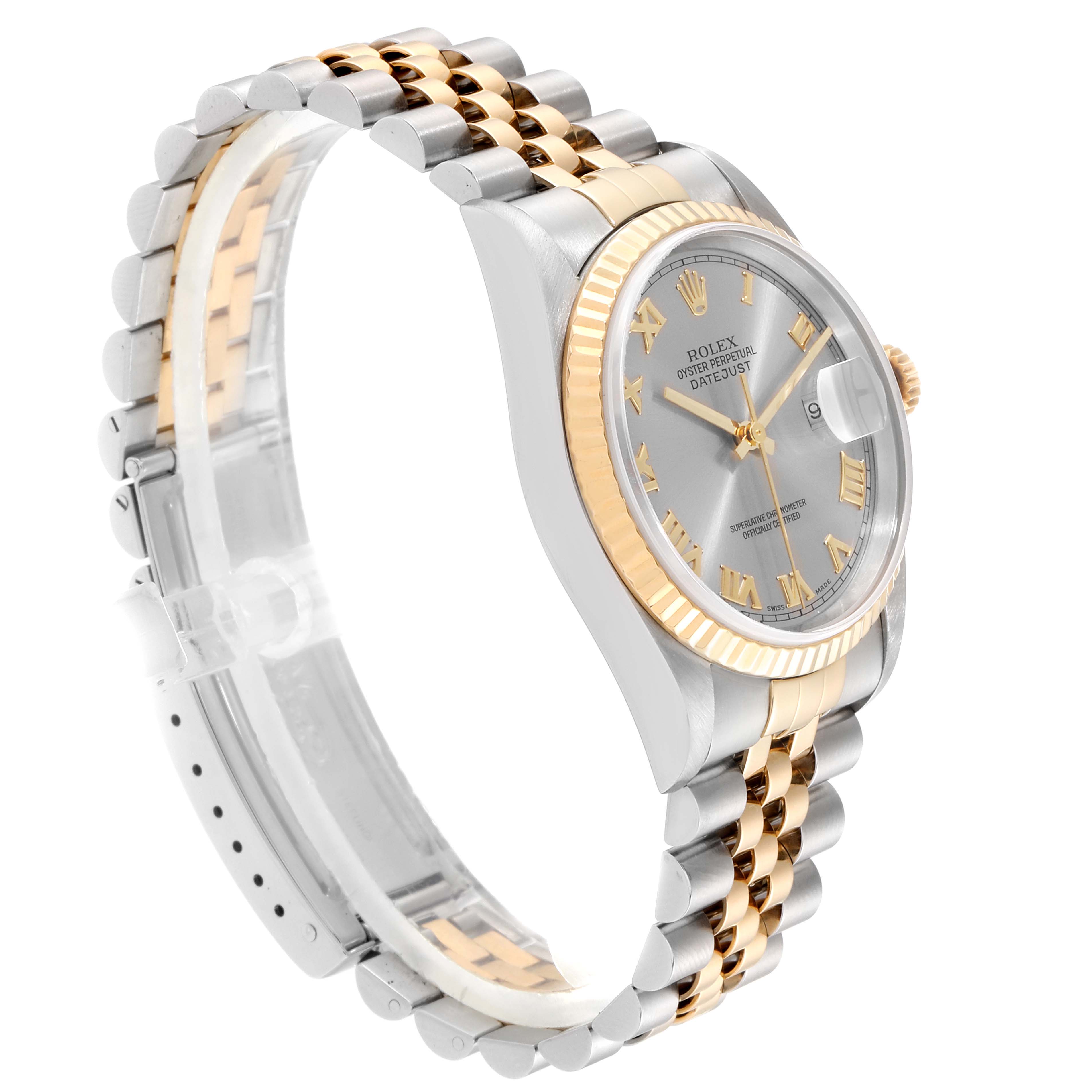 This image shows a side angle of the Rolex Datejust 16233 Men's Steel and Gold (two tone) Grey Dial 16233 Men's Steel and Gold (two tone) Grey Dial watch, displaying its bracelet, case, and dial.