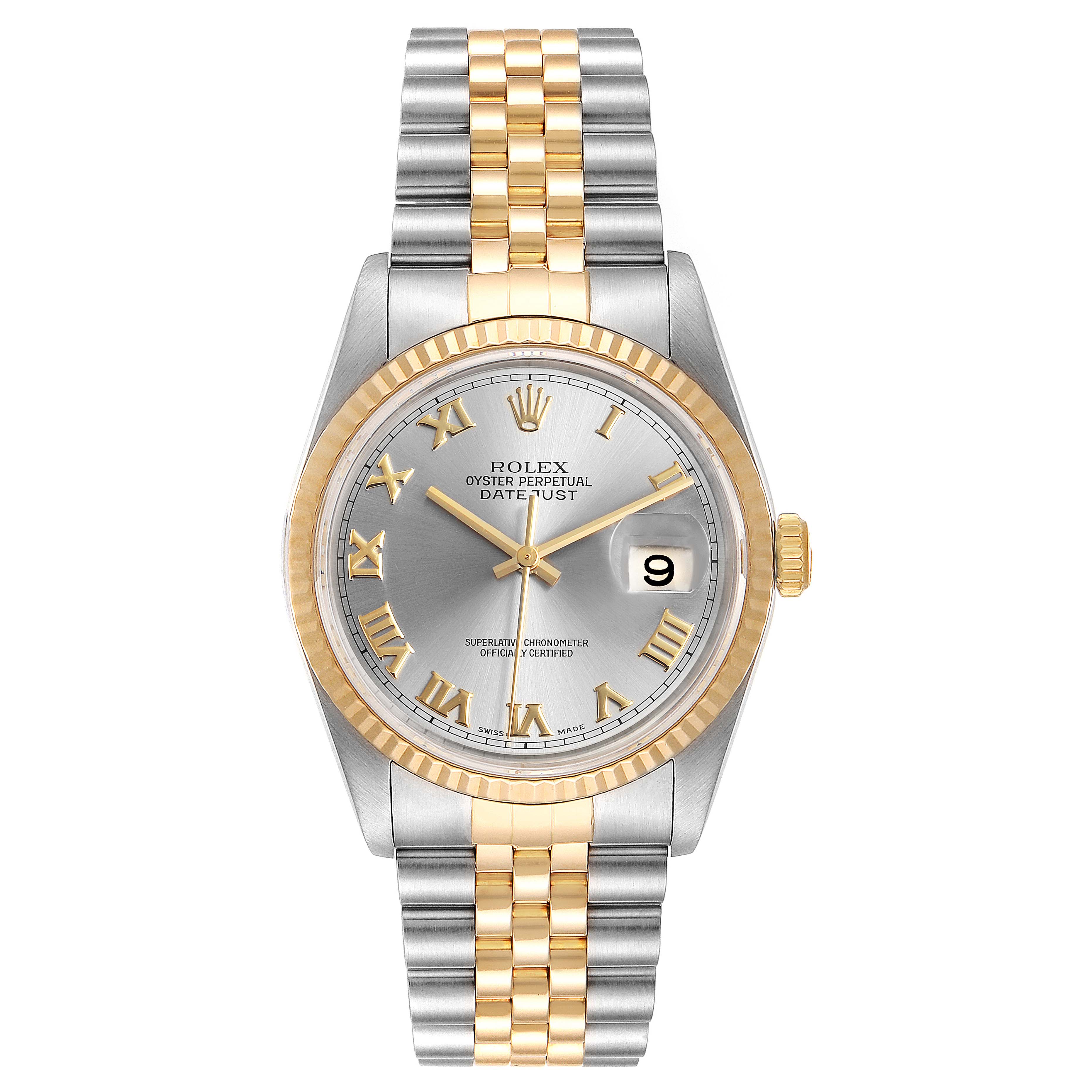 This Rolex Datejust 16233 Men's Steel and Gold (two tone) Grey Dial 16233 Men's Steel and Gold (two tone) Grey Dial model is shown from a straight-on angle displaying the dial, bezel, and bracelet.