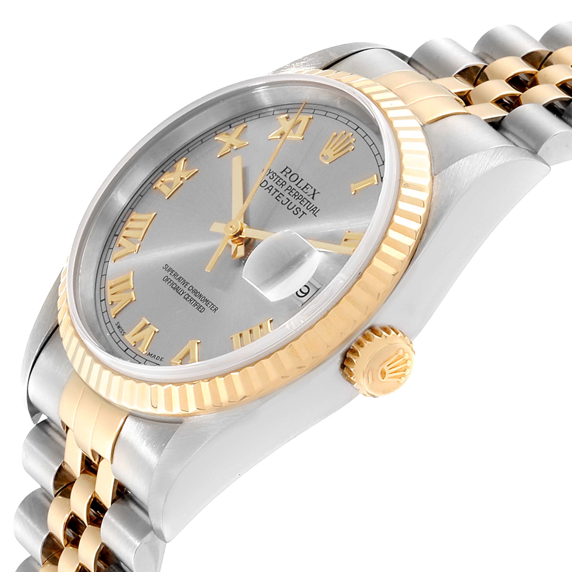 This image showcases a Rolex Datejust 16233 Men's Steel and Gold (two tone) Grey Dial 16233 Men's Steel and Gold (two tone) Grey Dial watch from an angled side, highlighting the face, crown, and part of the bracelet.